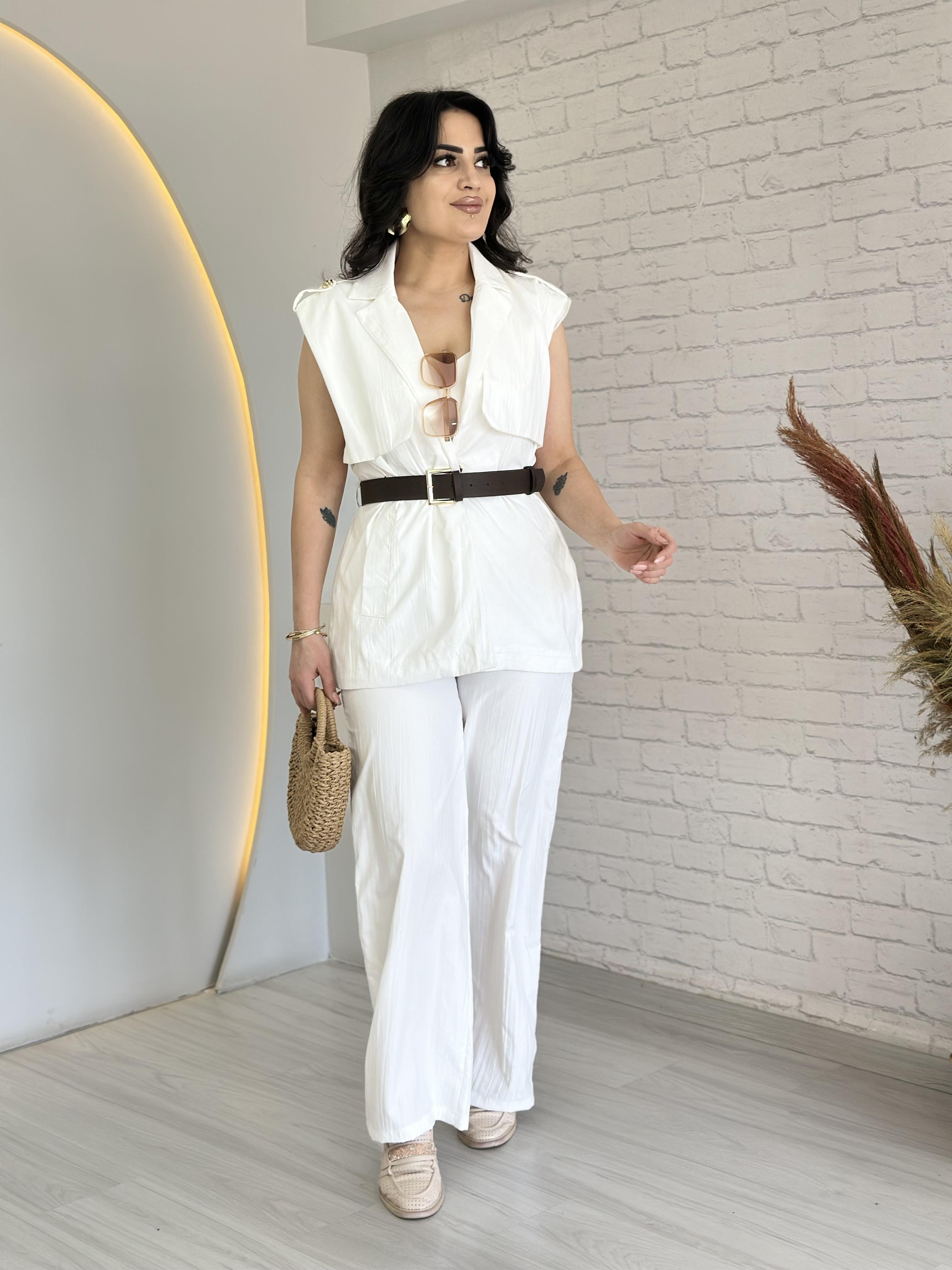 Giana Beyaz Kemer Detaylı Yelek Pantolon Takım D046