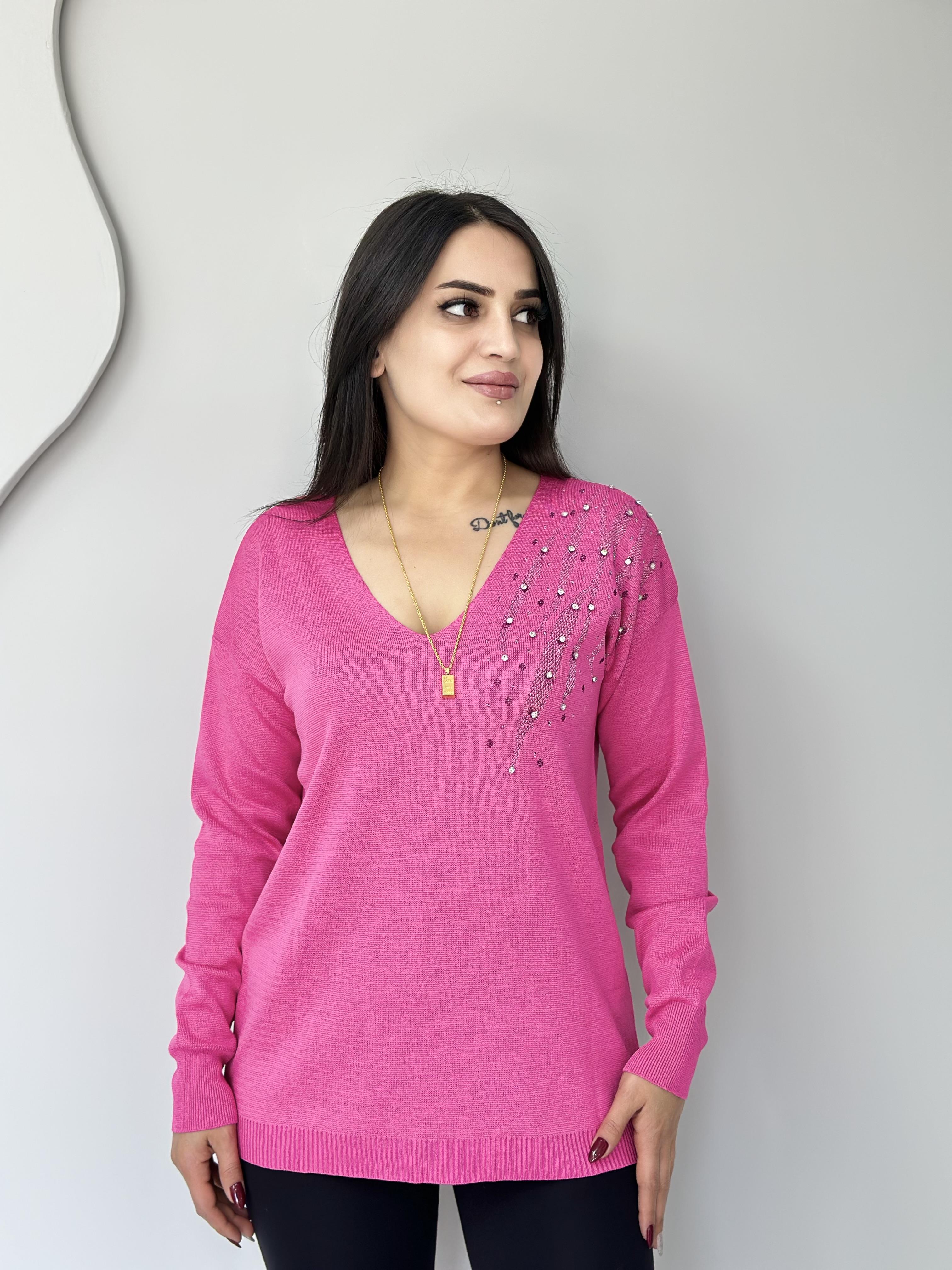 Glow Pembe V Yaka Omzu Taş İşlemeli Triko Bluz A054