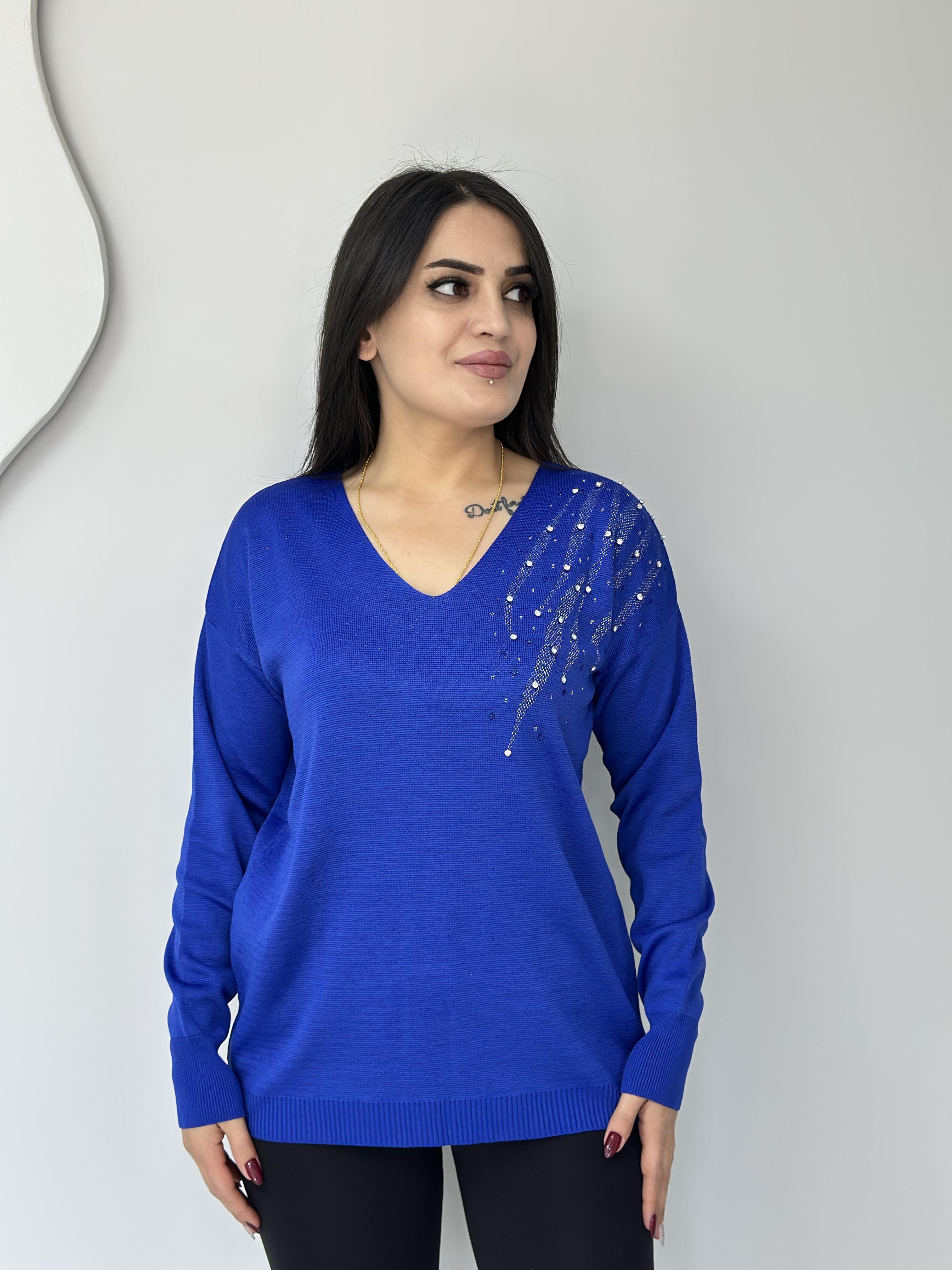 Glow Saks Mavi V Yaka Omzu Taş İşlemeli Triko Bluz A051