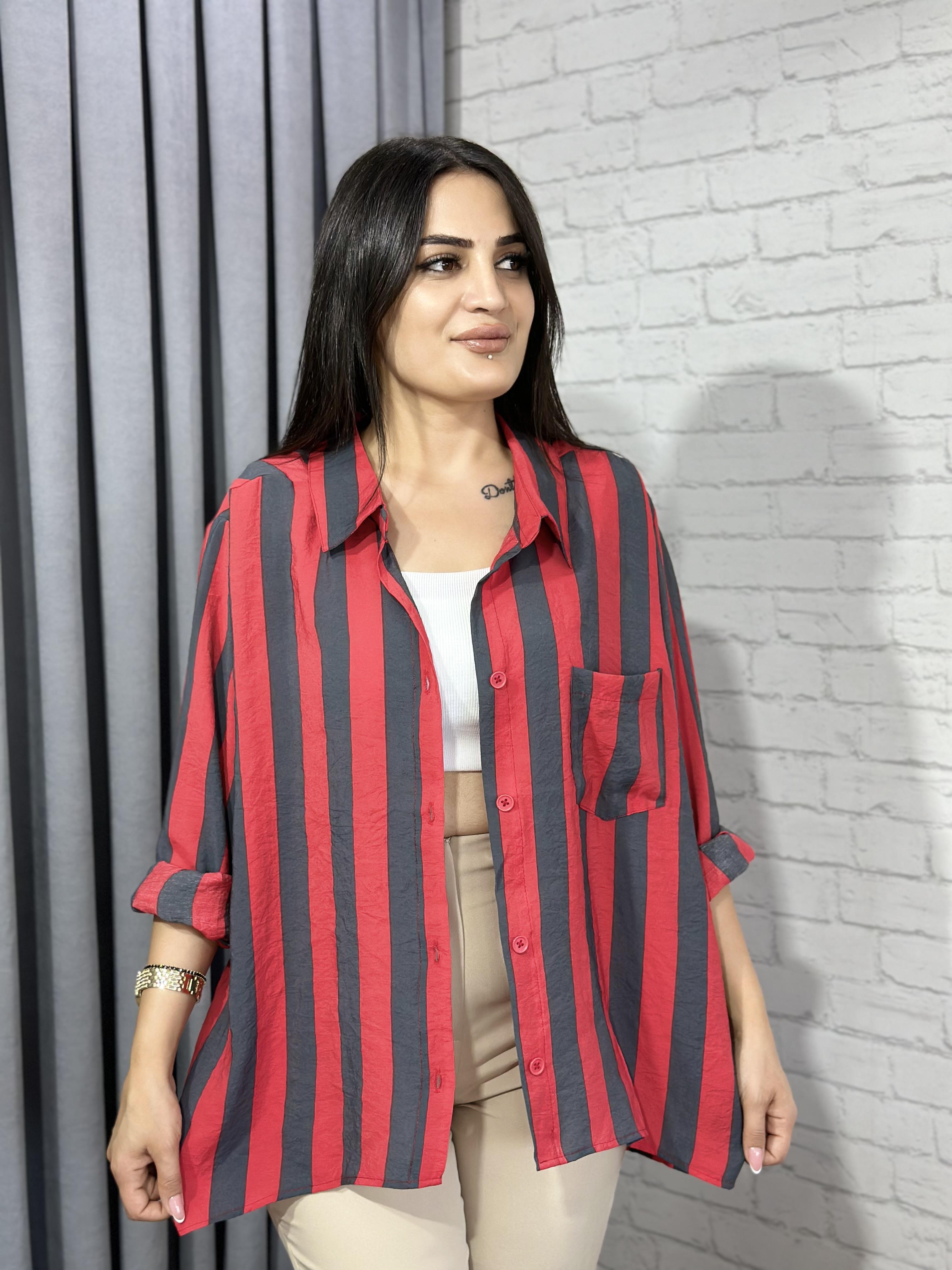 Gri Kırmızı  Cepli Bambu Pamuk Kumaş Oversize Gömlek