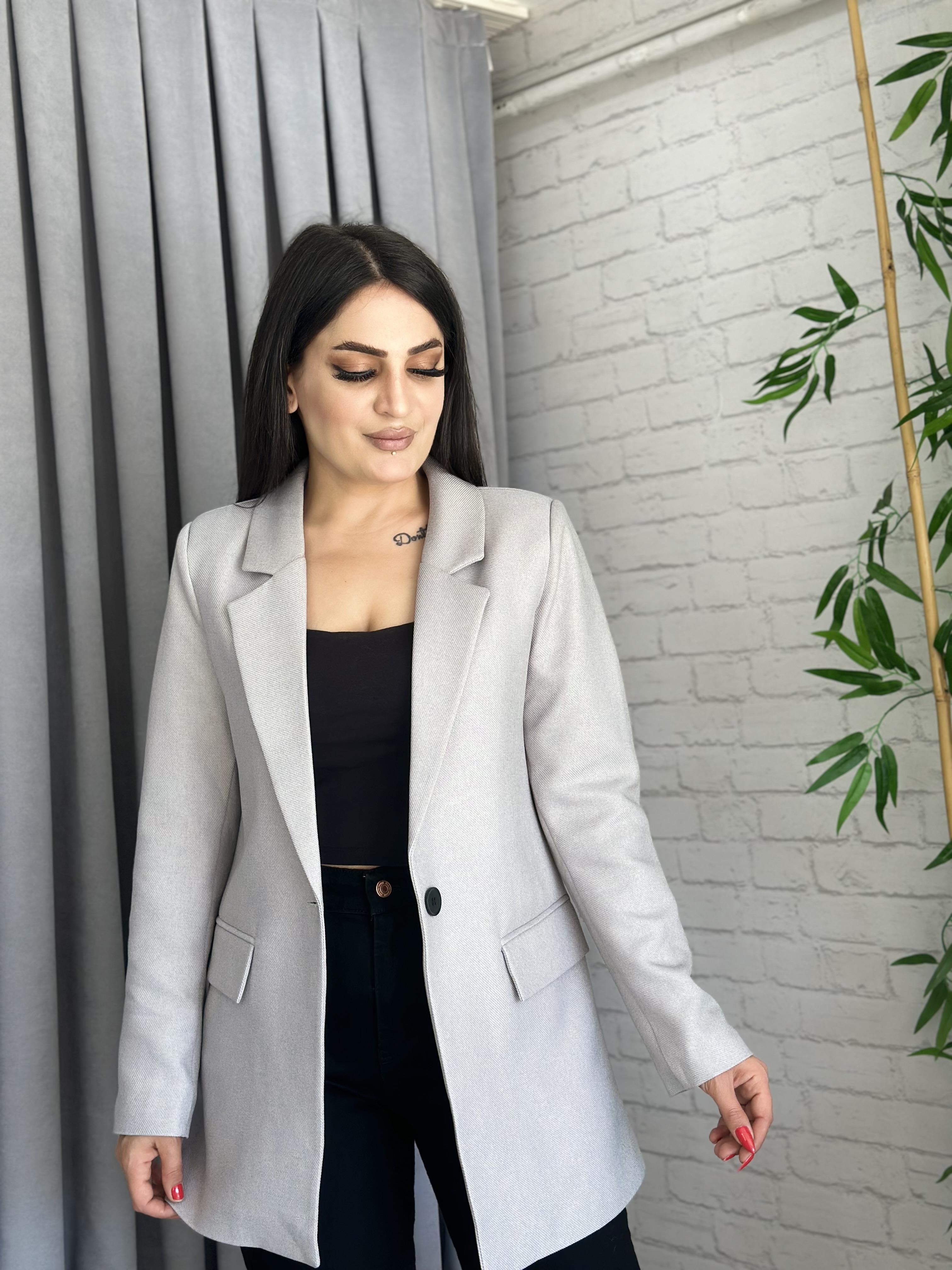 Gri Tek Düğme Yün Efekt Ceket 