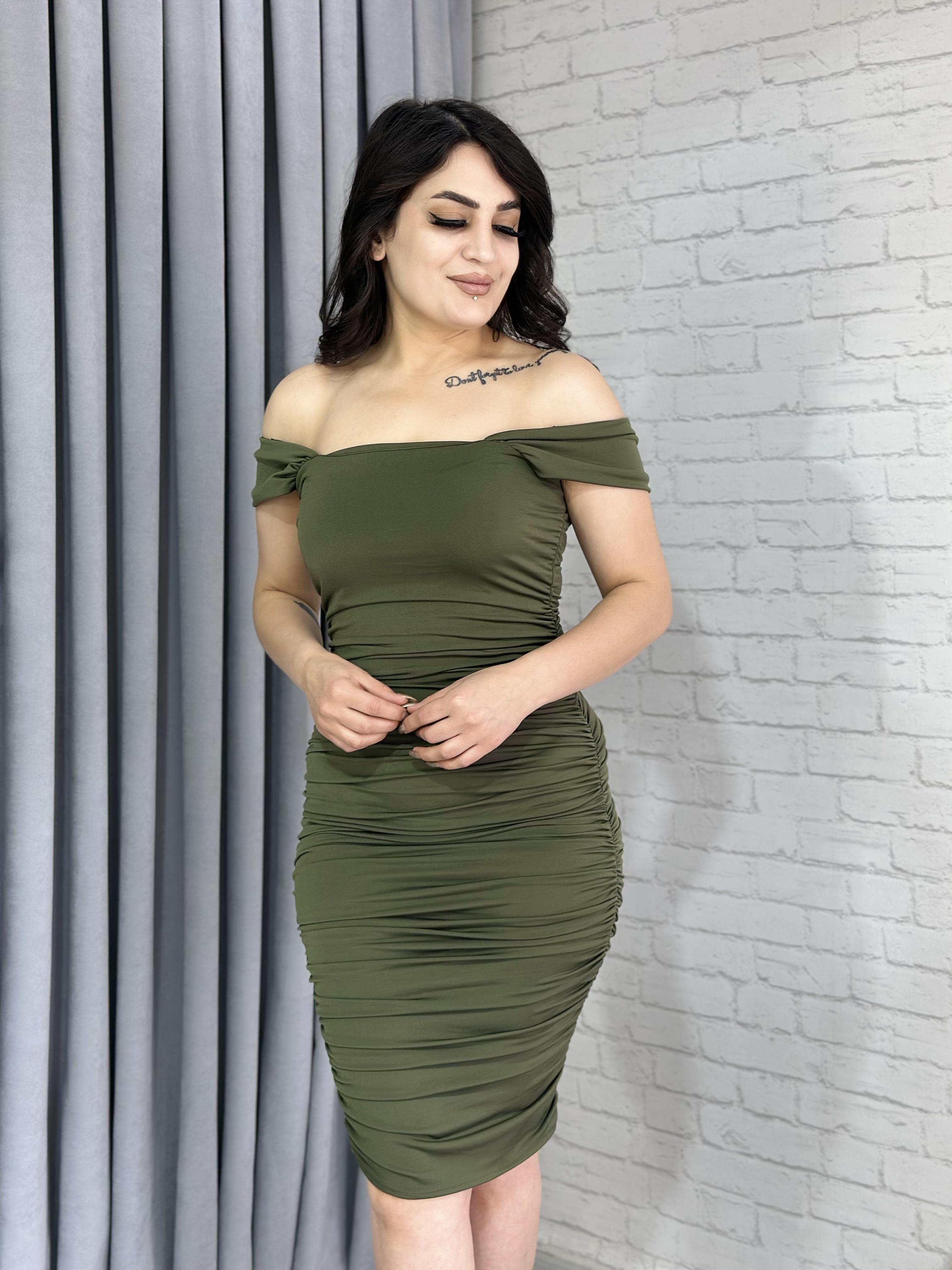 Haki Drapeli Sandy Kumaş Midi Elbise A701