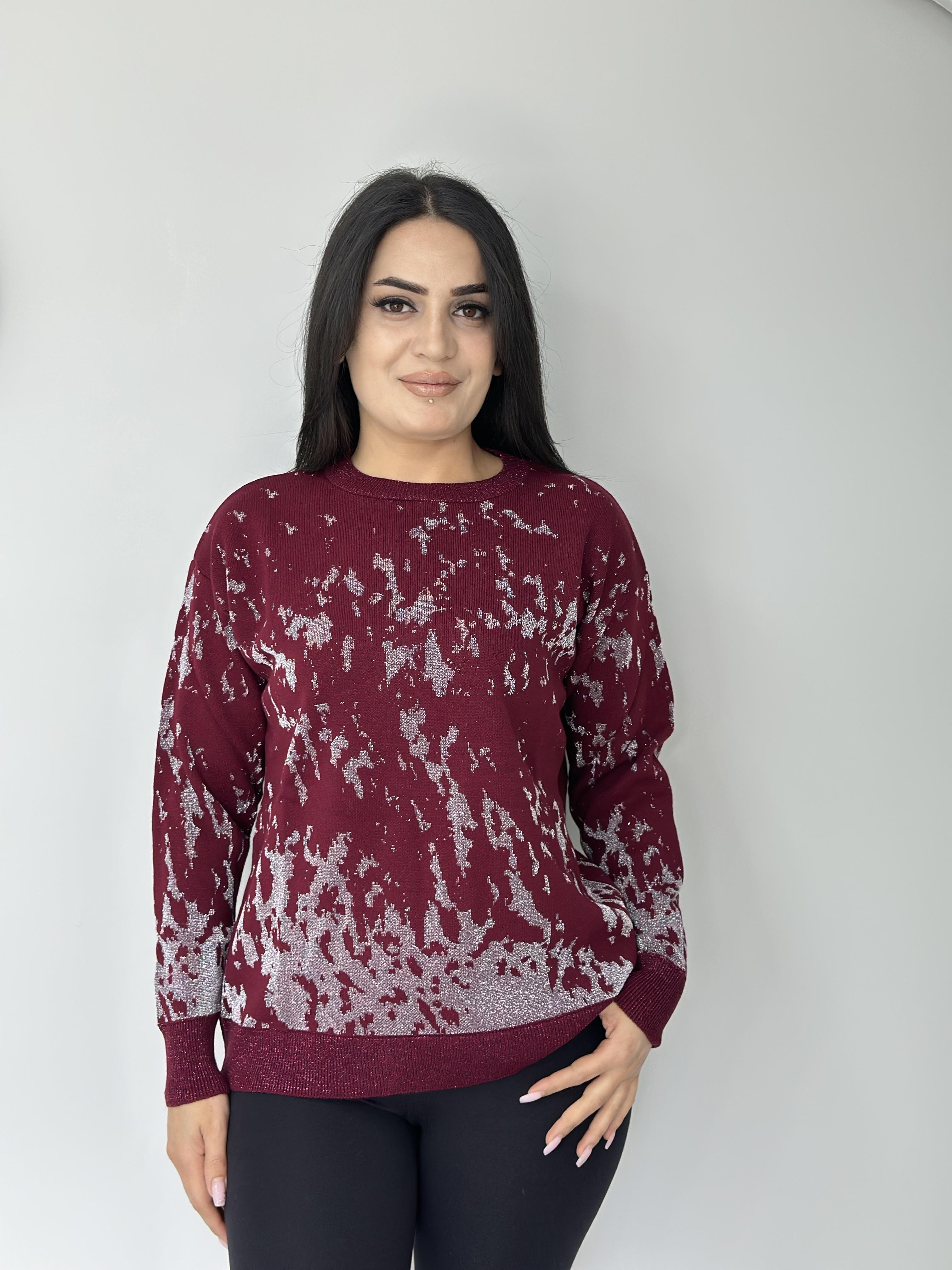 Happy Vişneçürüğü Bisiklet Yaka Sim İşlemeli Batik Desen Likralı Triko Kazak  A201