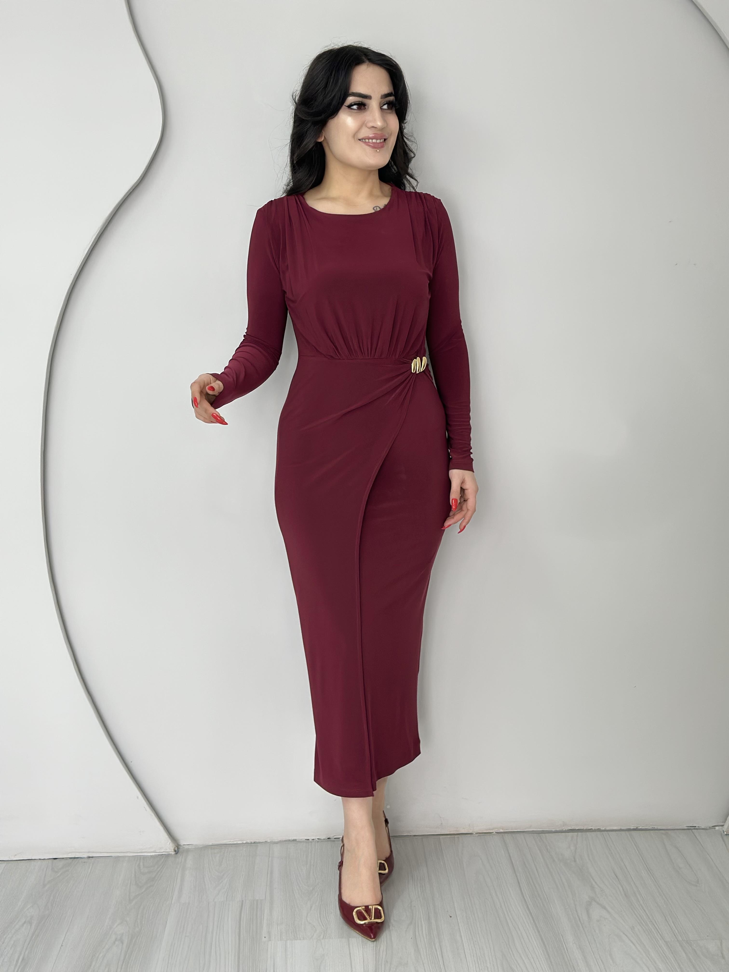 Hazego Bordo Bisiklet Yaka Gold Tokalı Sandy Kumaş Elbise D1111