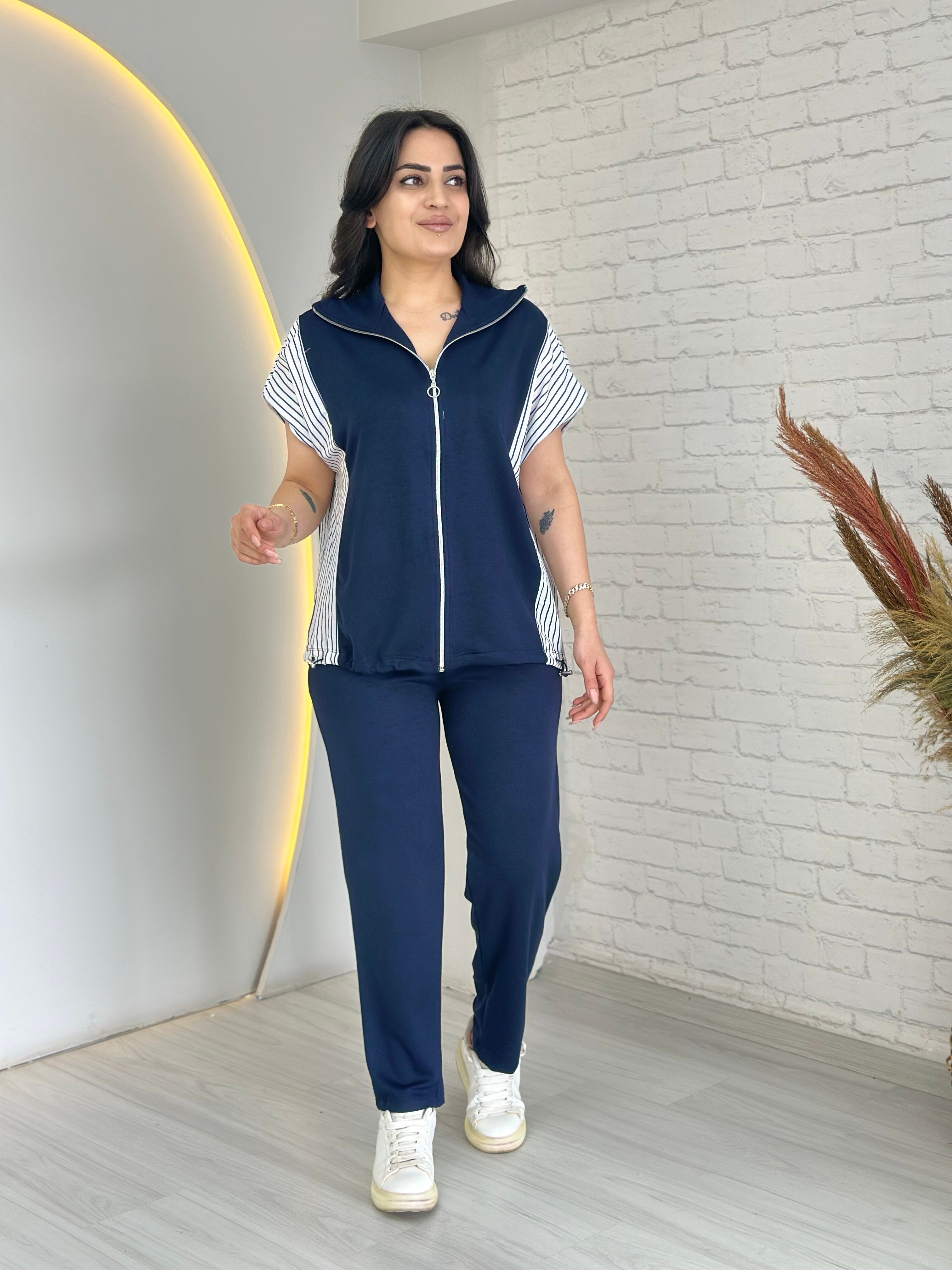 İmar Lacivert Çizgili Fermuarlı Bel lastikli Yelek Pantolon Takım D071