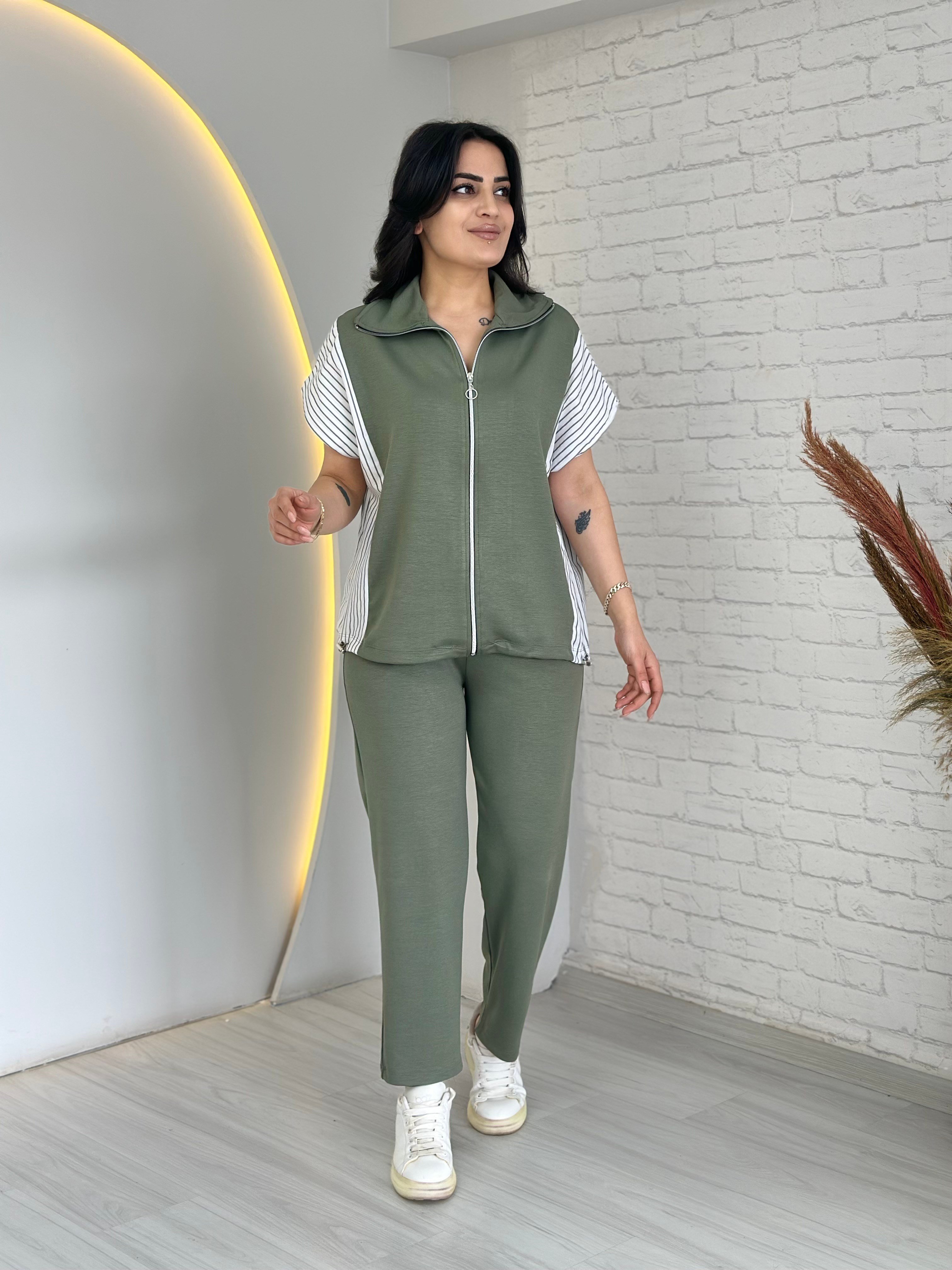İmar Mint Yeşili Çizgili Fermuarlı Bel lastikli Yelek Pantolon Takım D071