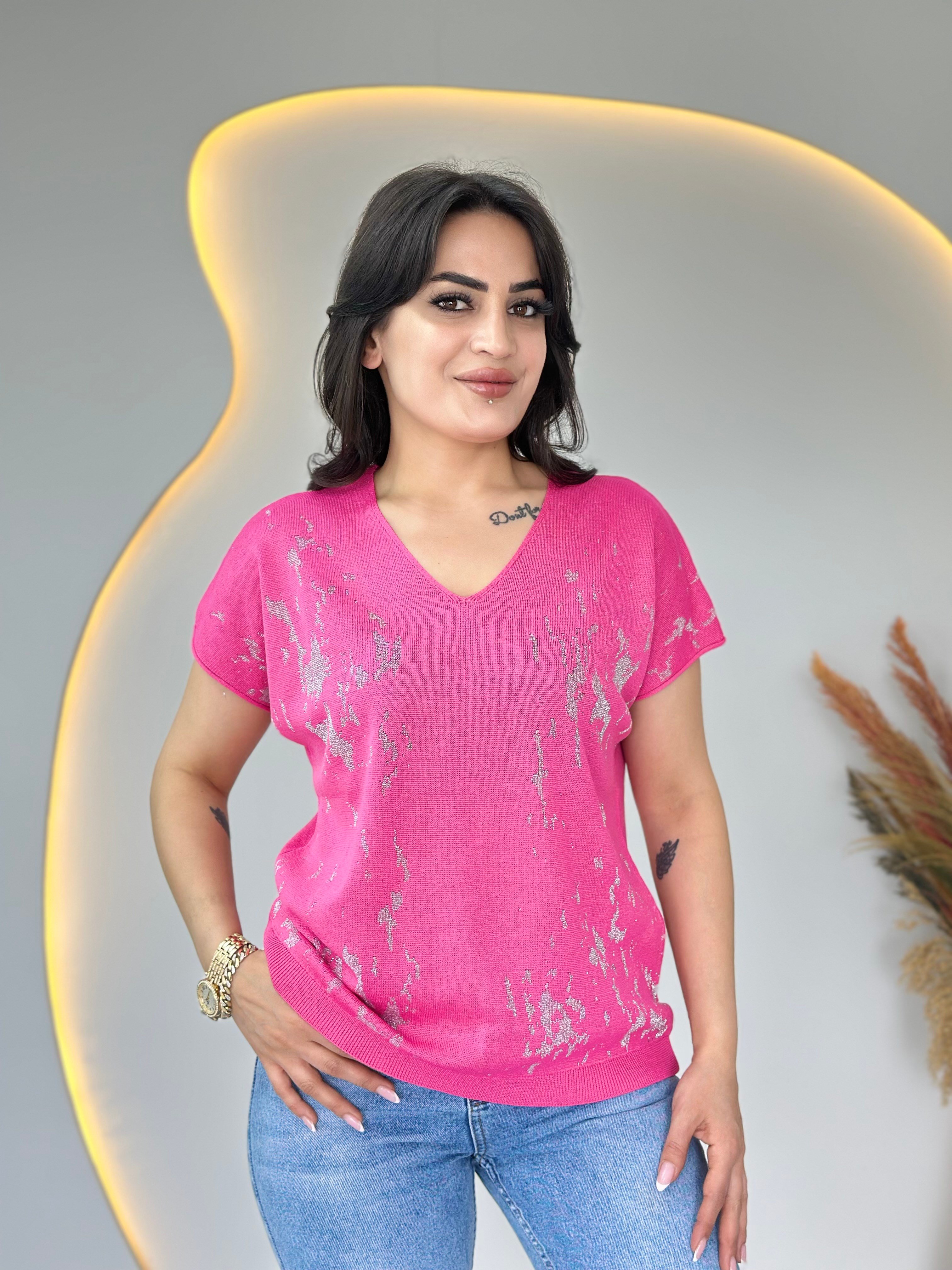 İnbo Pembe V Yaka Batik Desenli Merserize Bluz D109