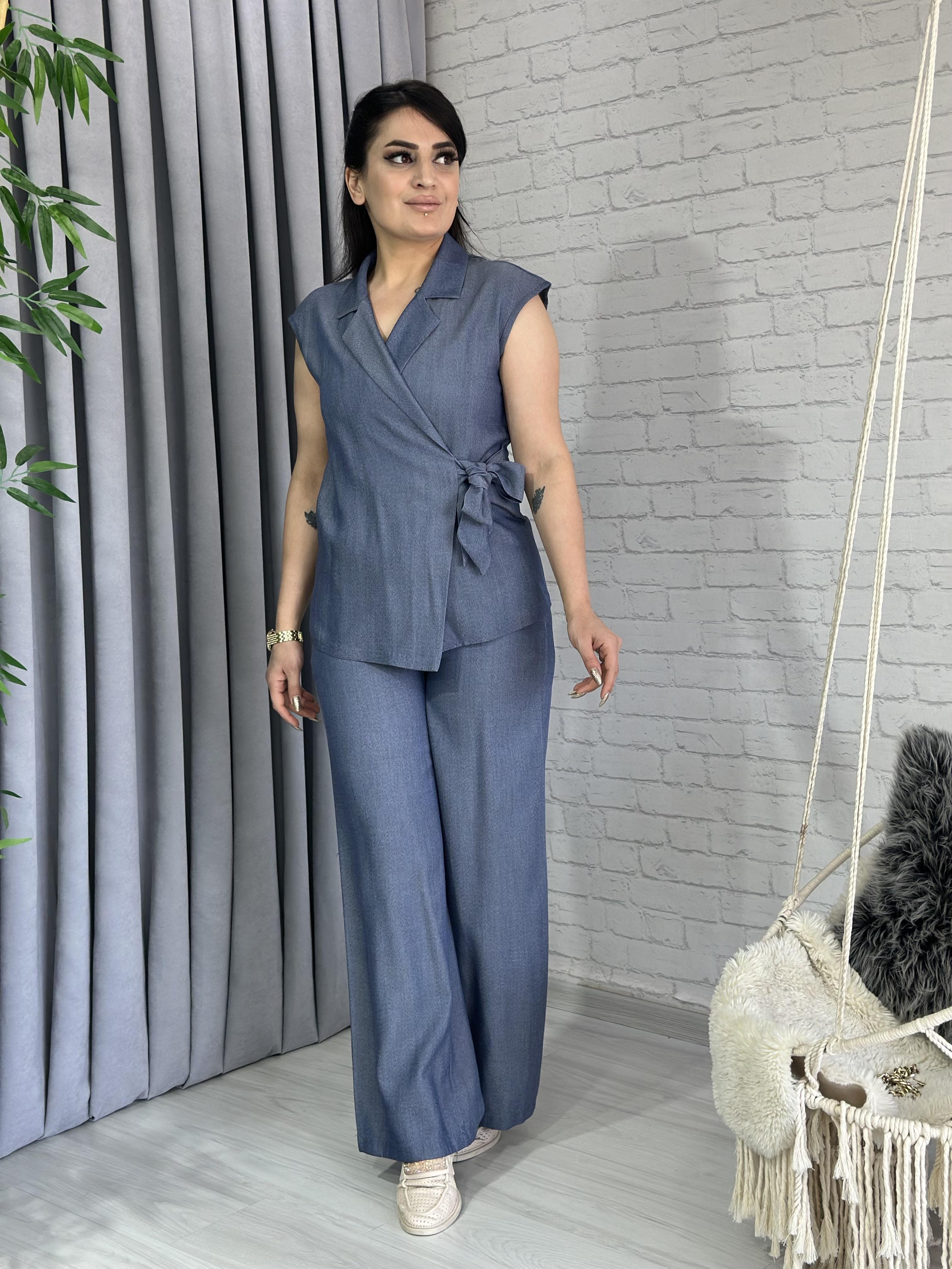 İndigo MAVİ Pinterest Kruvaze Yaka Yandan Bağlamalı İkili Keten Takım A027