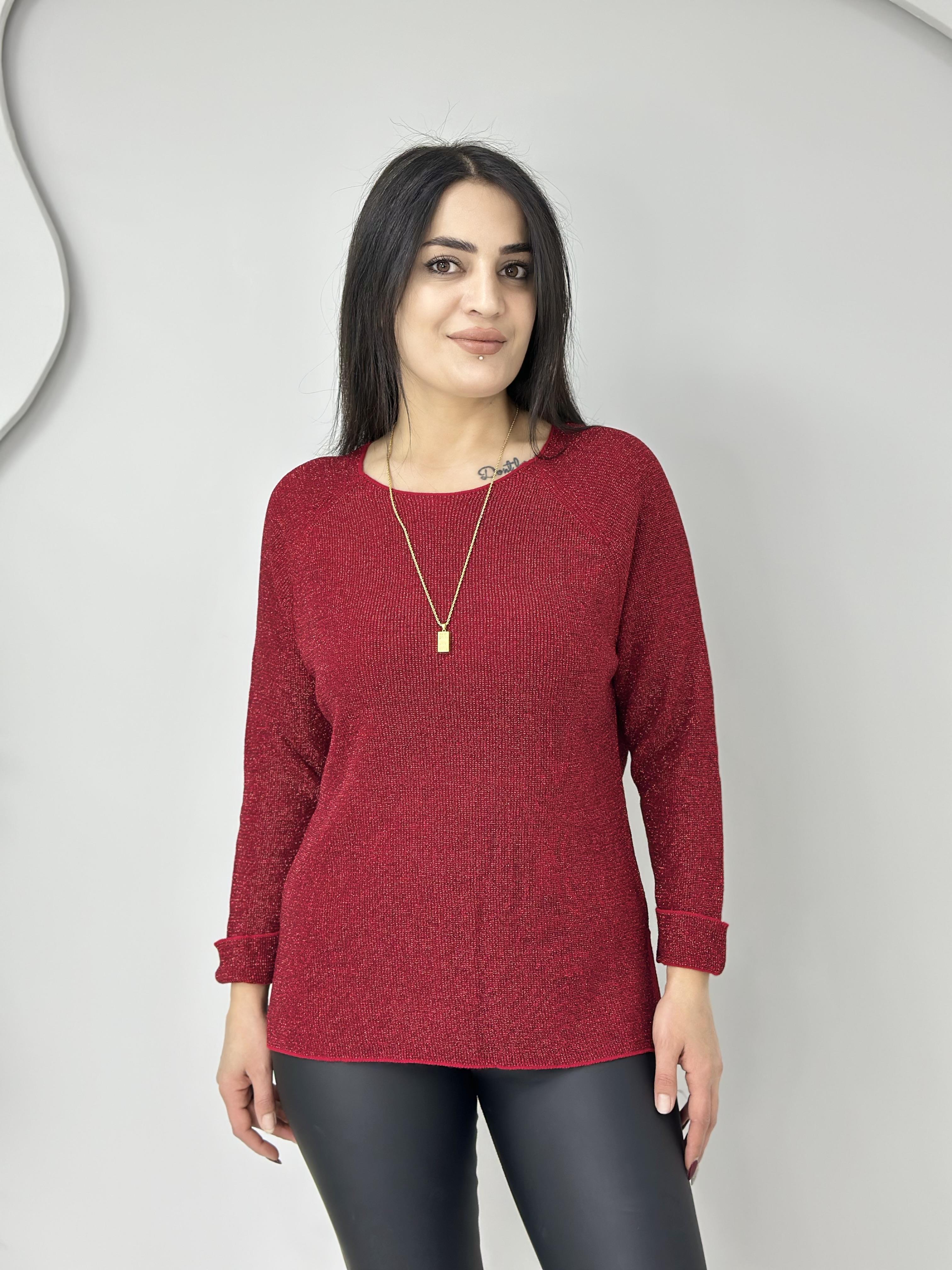 Işıl Kırmızı Bisiklet Yaka Simli Yırtmaç Detay Likralı Triko Bluz A369 