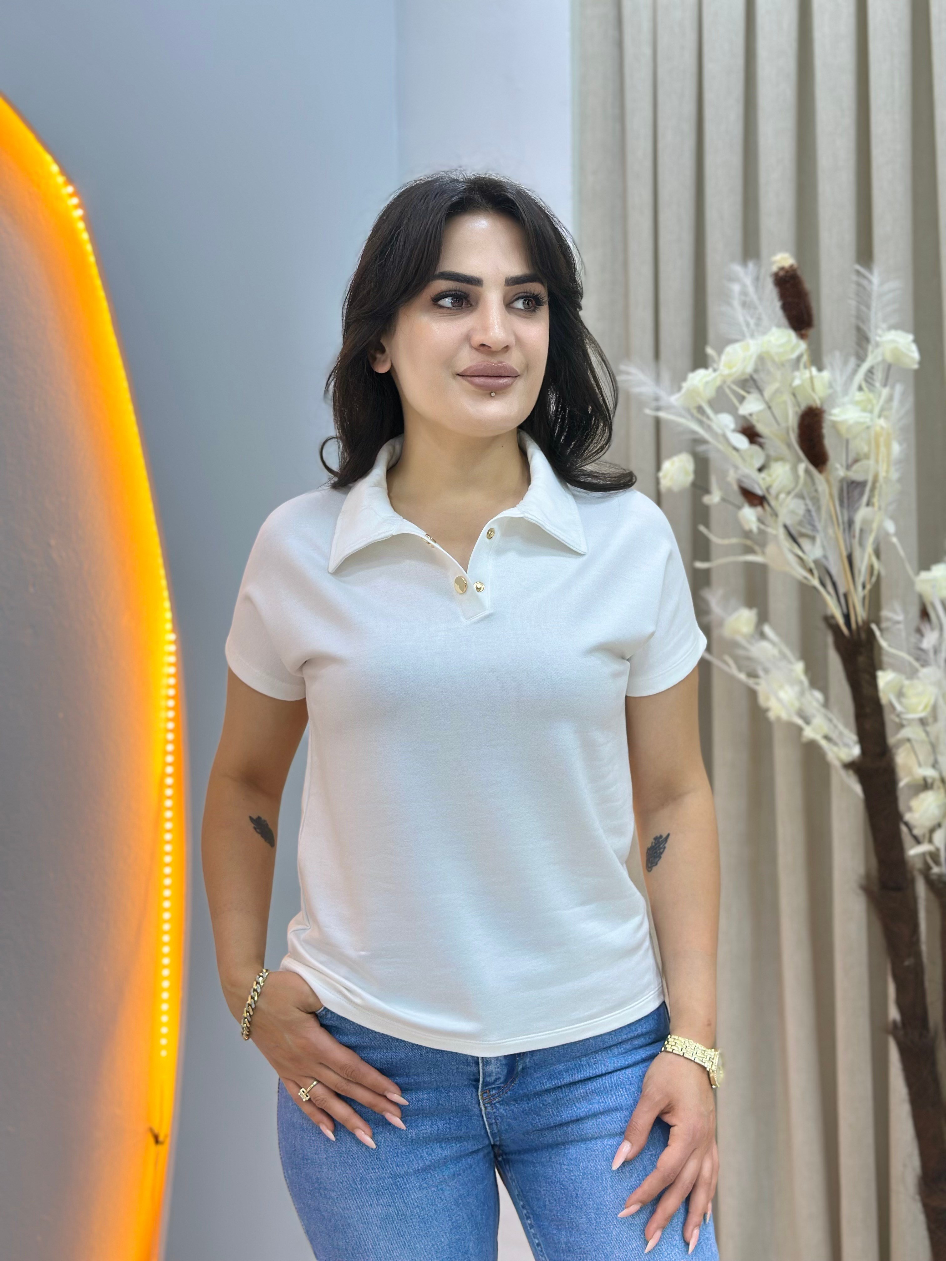 İvone Ekru Polo Yaka Gold Düğme Detaylı Tshirt Bluz D150