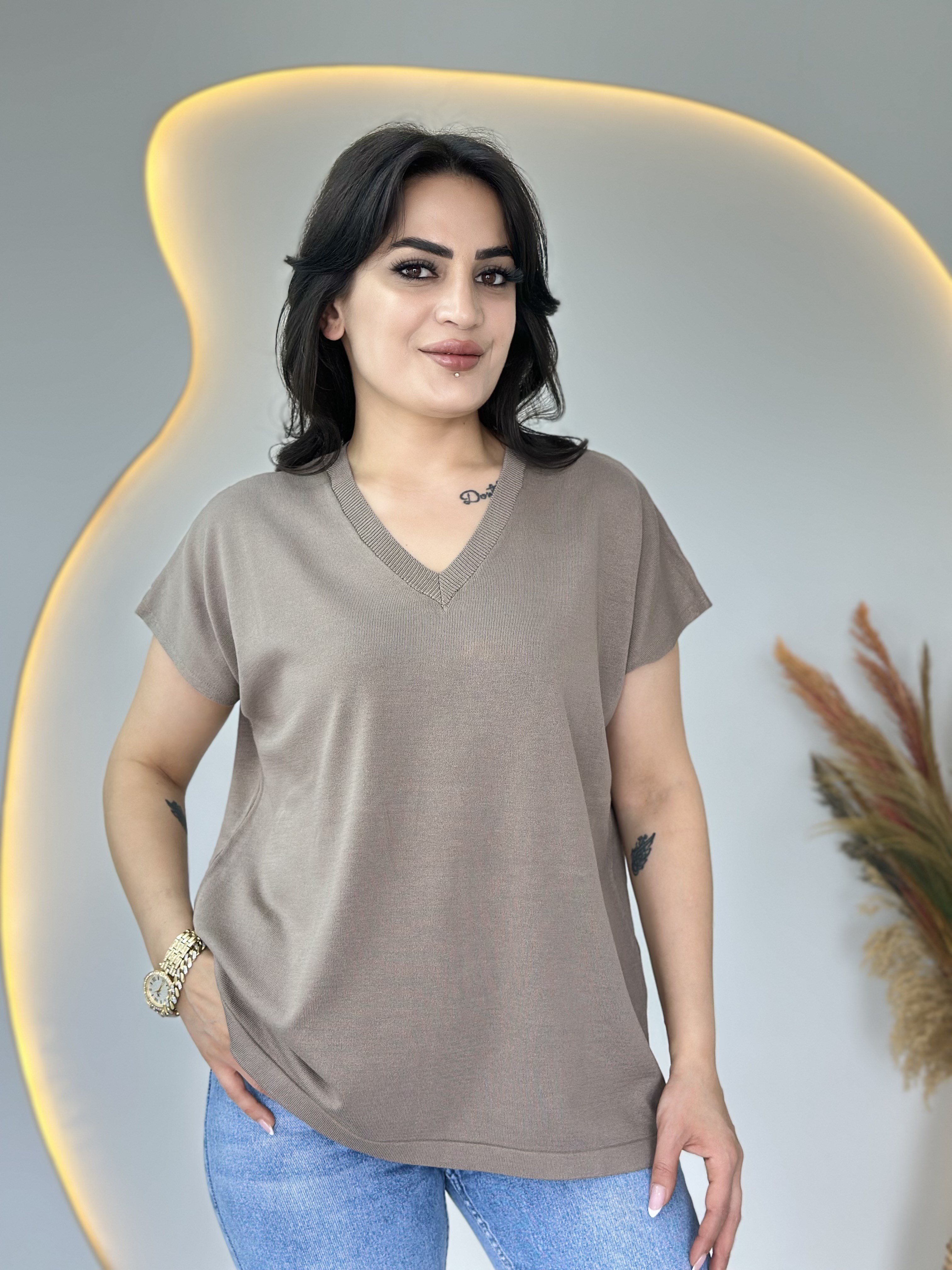 İza Vizon V yaka Düşük Omuzlu Kısa Kollu Merserize Bluz D108