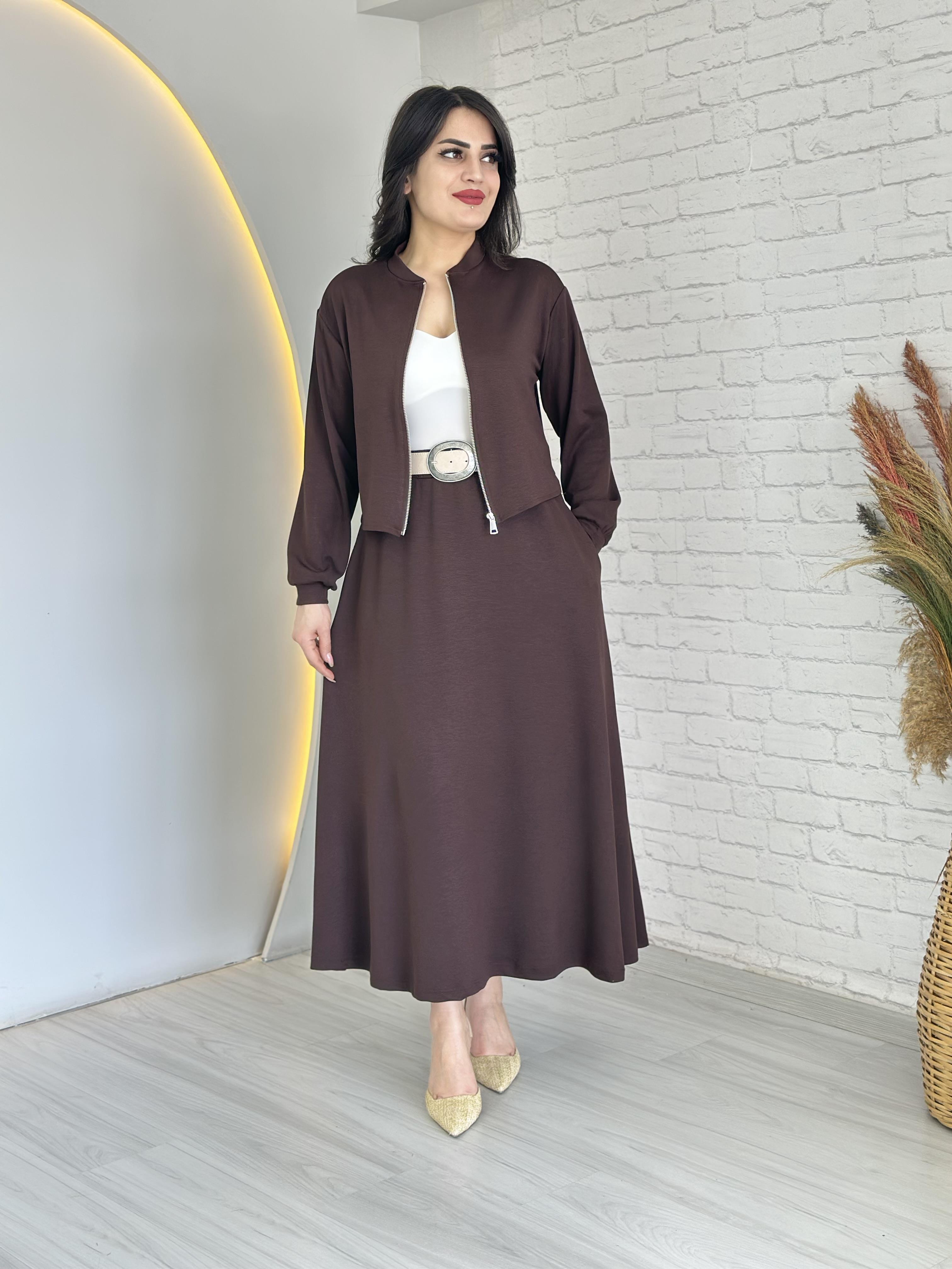 Jile Kahve Fermuarlı Ceket Etek İkili Takım D030