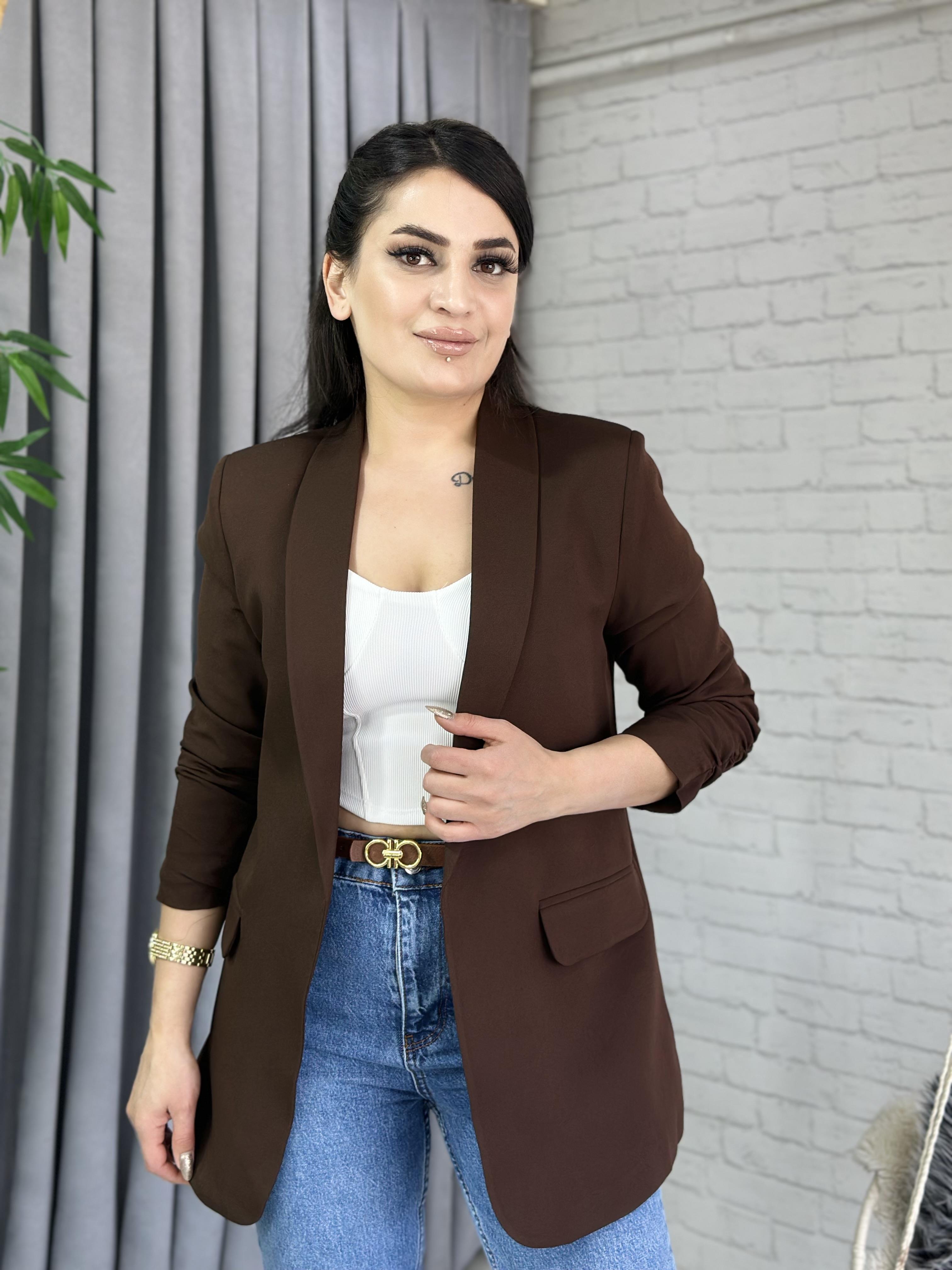 Kahve Kolu Büzgülü Astarlı Atlas Kumaş Ceket  A082