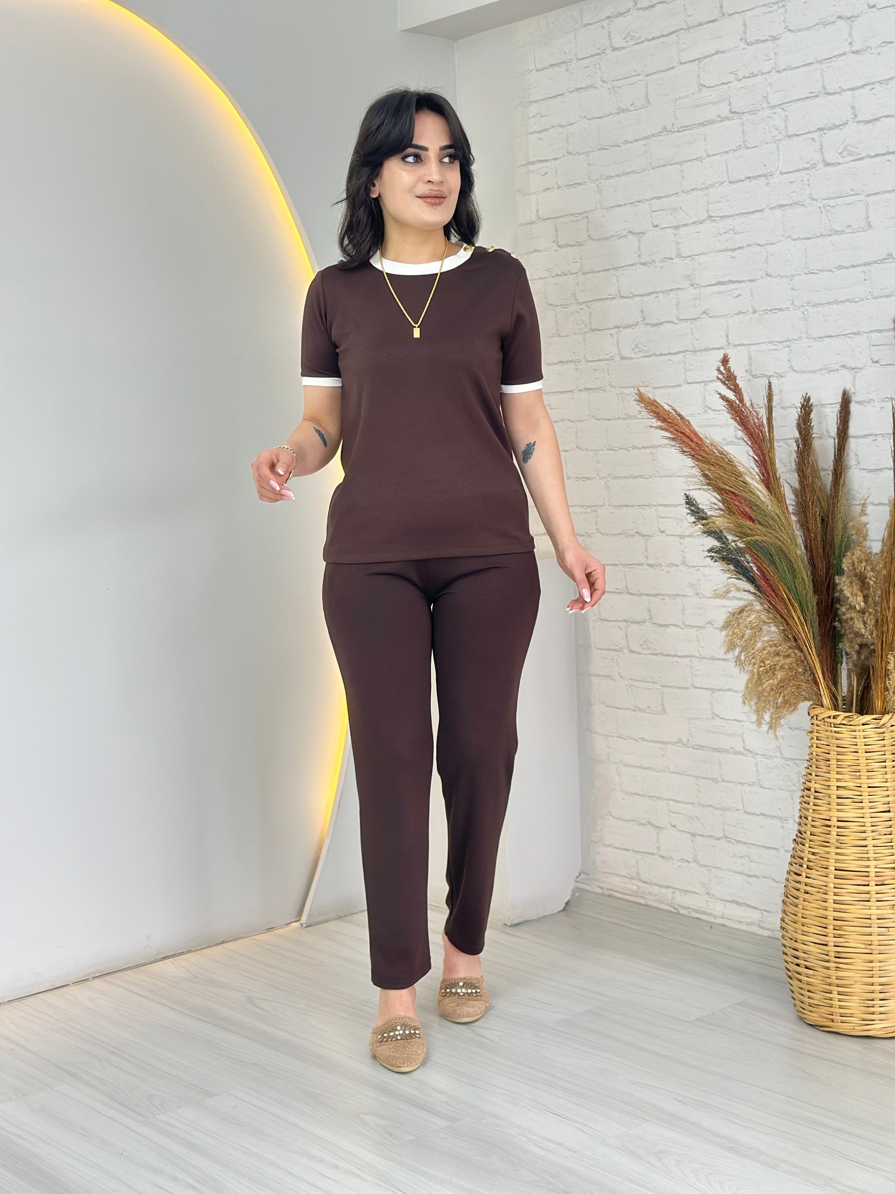 Karum Kahve Yaka Ribanalı Düğme Detaylı Modal Cepli Alt Üst Eşofman Takım D123