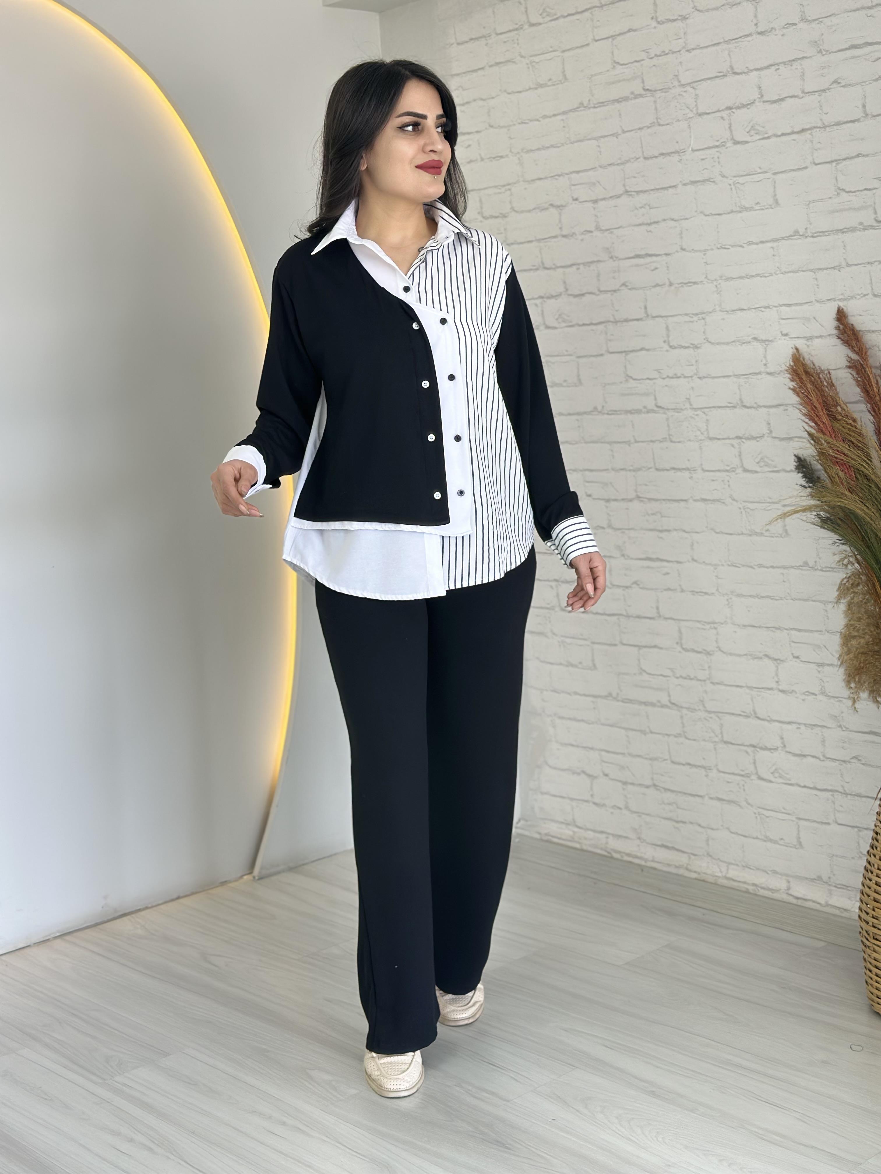 Kate Siyah Gömlek Detaylı Düğmeli İkili Tasarım Modal Takım D026