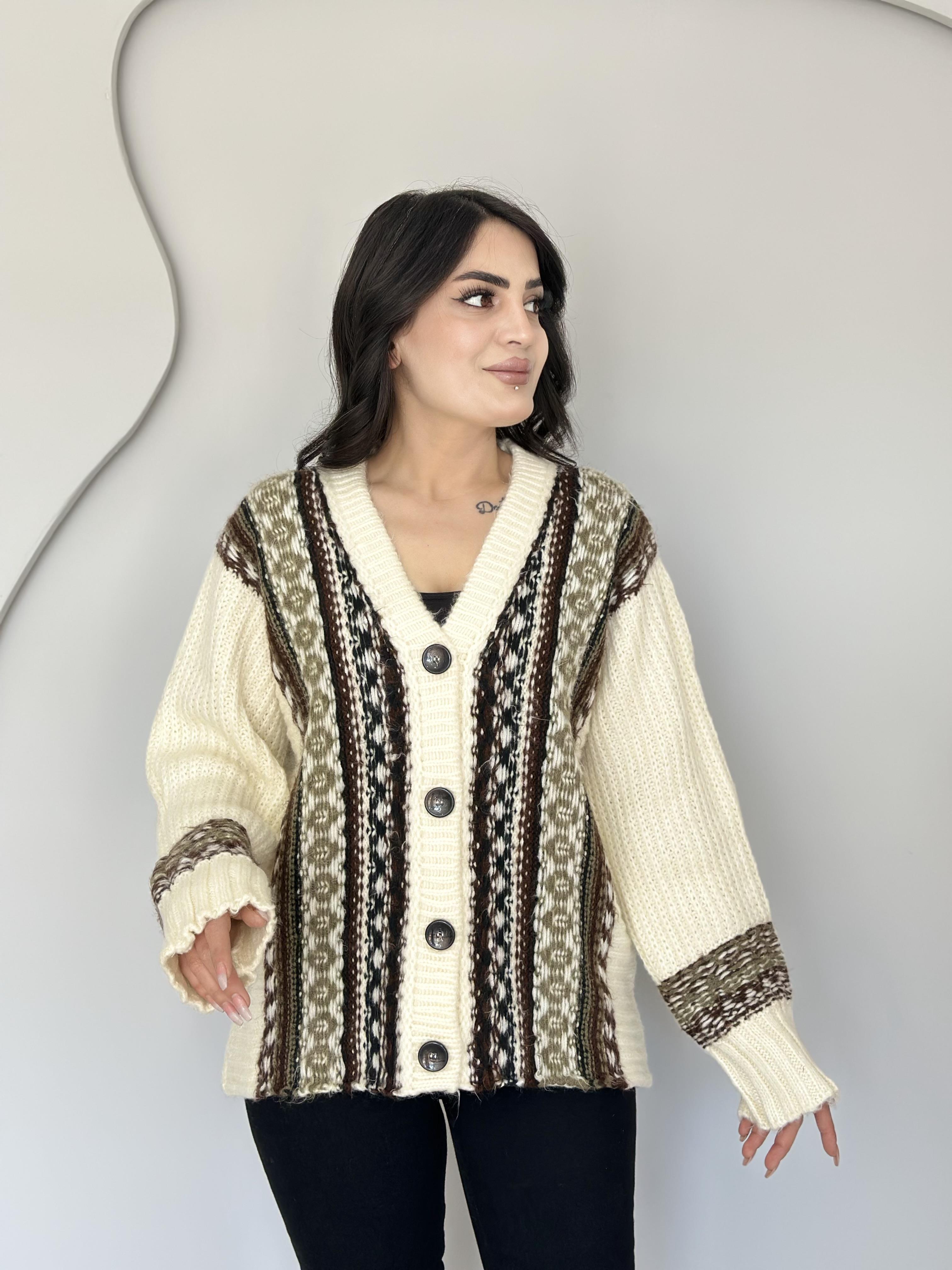 Keno Ekru V Yaka Düğmeli Etnik Desen Triko Hırka M7474