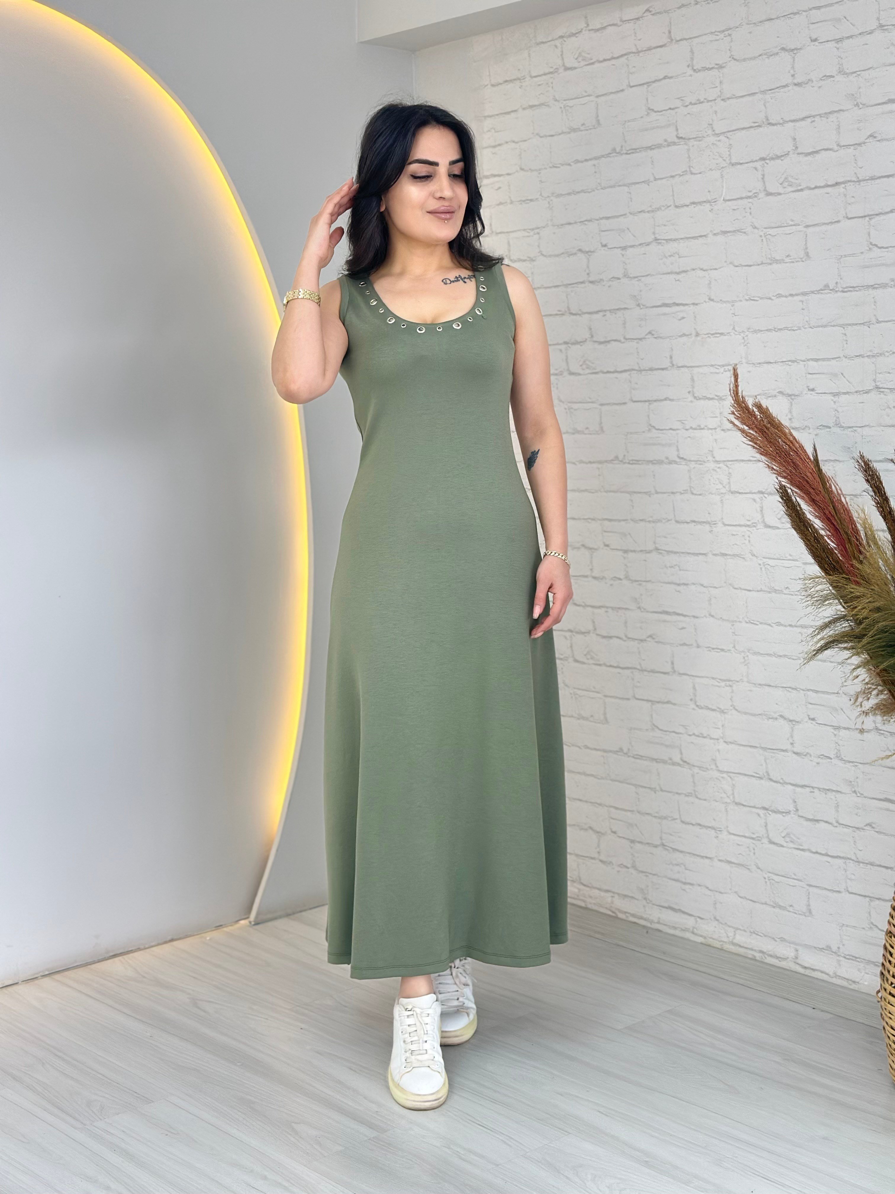 Kino Mint Yeşili Bisiklet Yaka Kuş Gözü Modal Yandan Yırtmaçlı Elbise D069