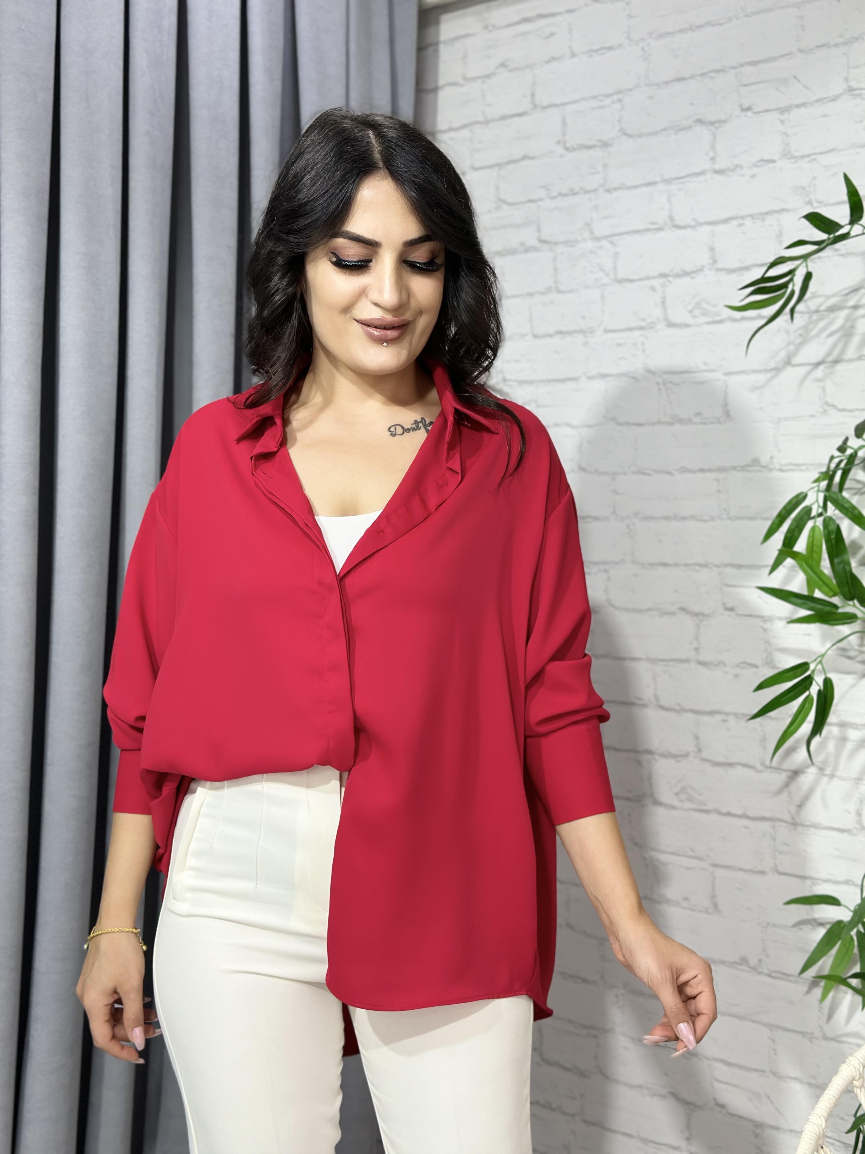 Kırmızı Yarasa Kol Pamuk Saten Gömlek