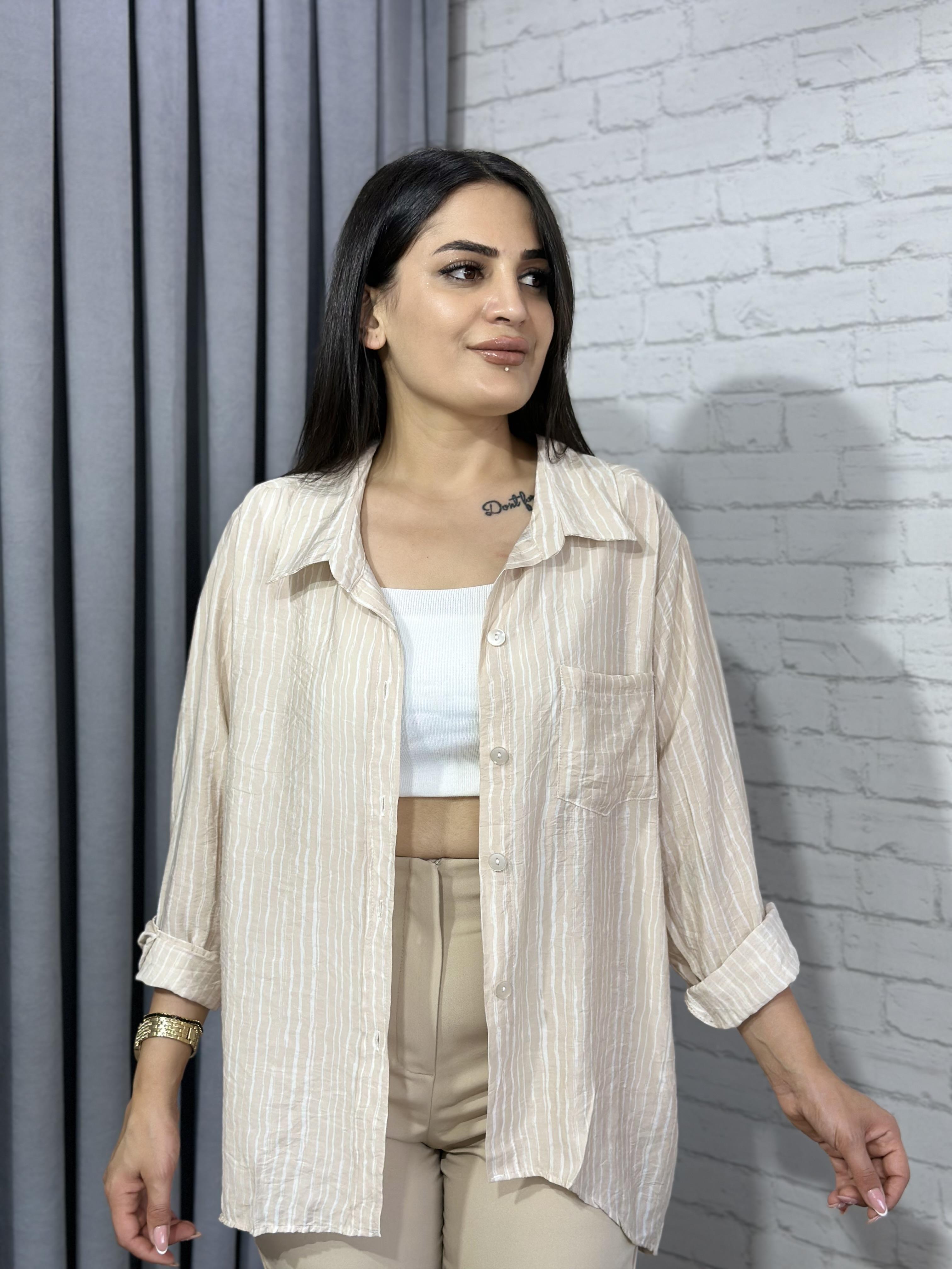 Krem Beyaz  Cepli Bambu Pamuk Kumaş Oversize Gömlek