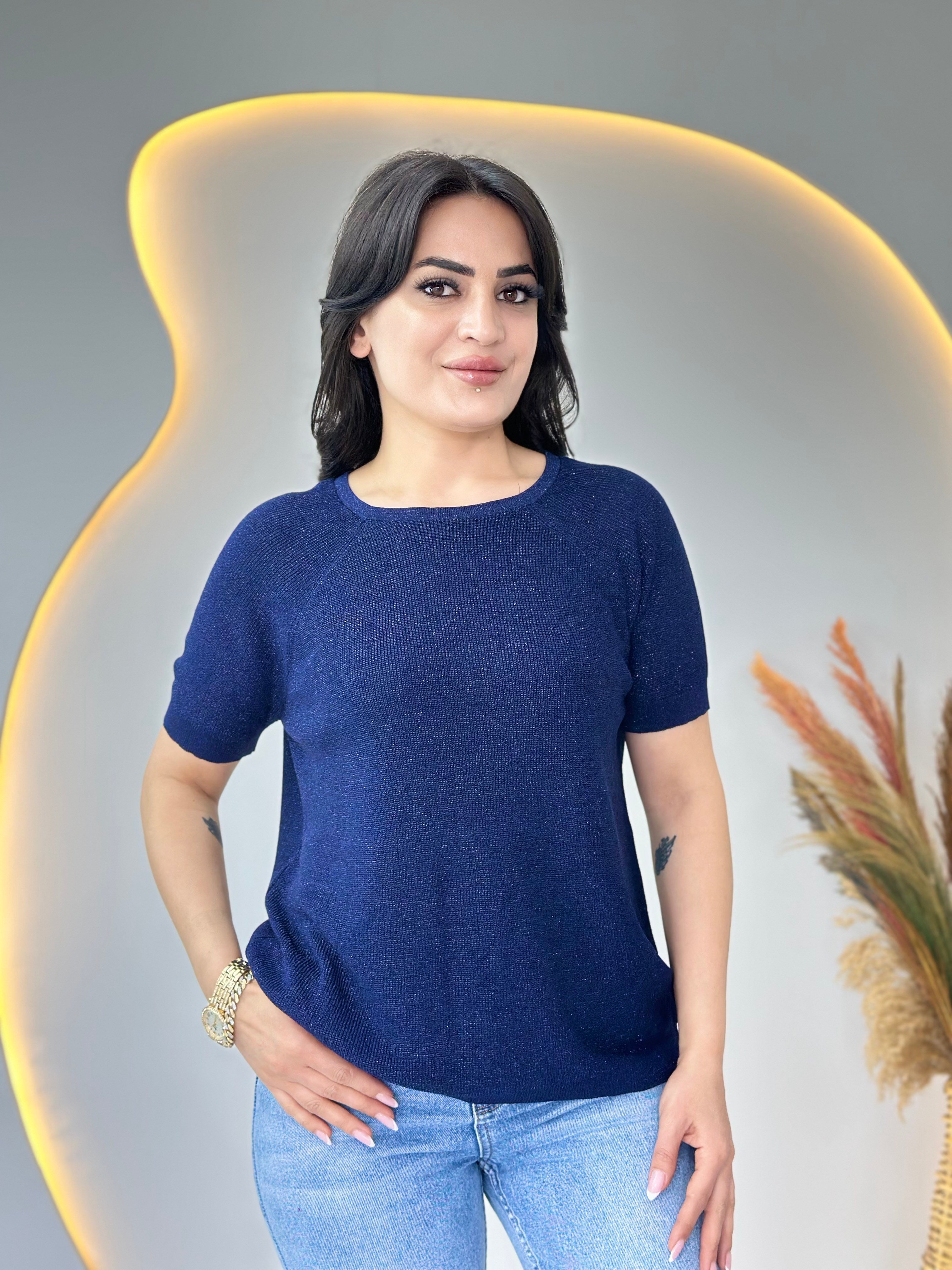 Lanze Lacivert Bisiklet Yaka Simli Selanik Örme Triko Bluz D110