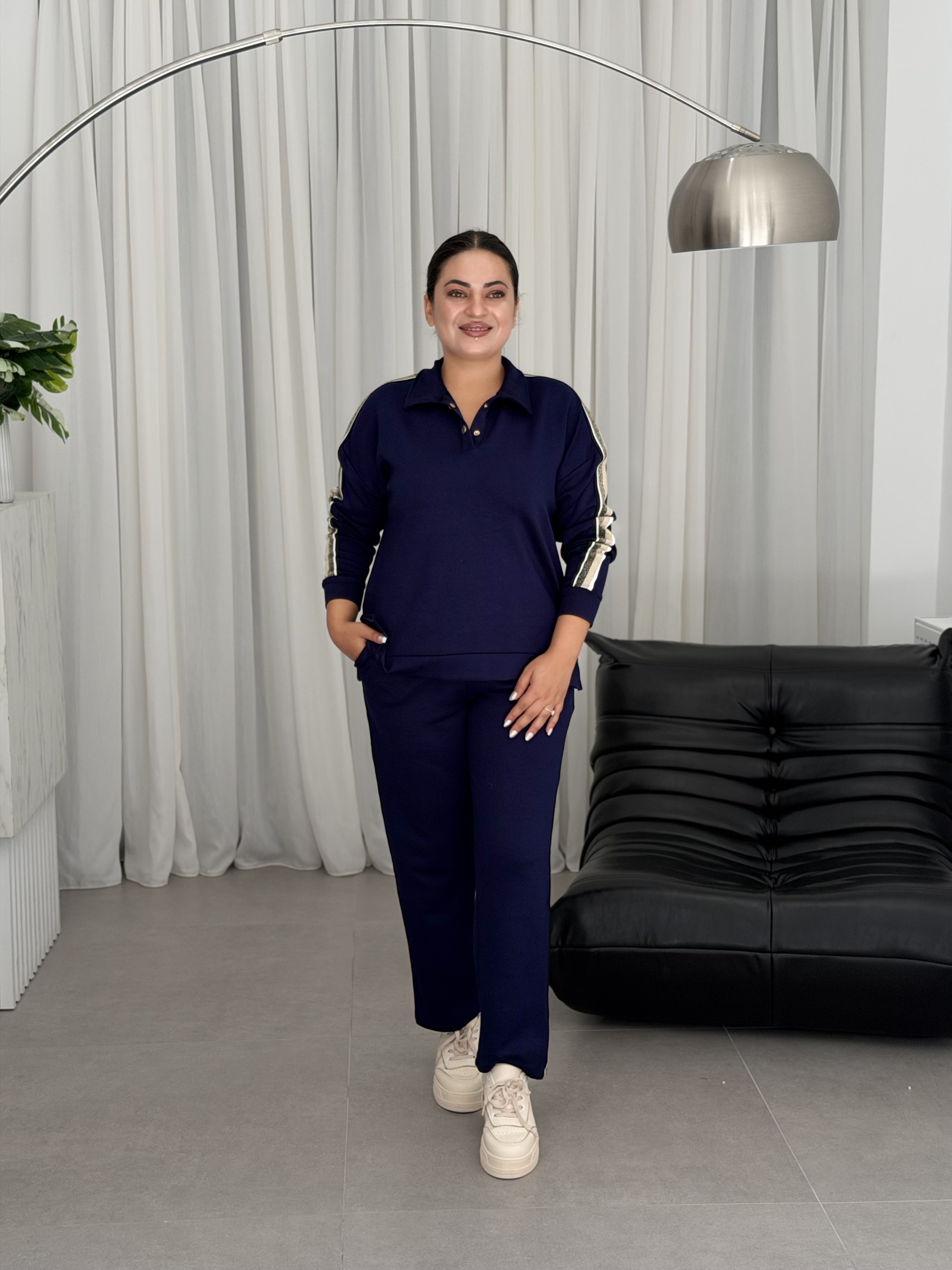 Lari Pola Yaka Çıtçıt Cep Detaylı Modal Şeritli Alt Üst İkili Takım Lacivert 