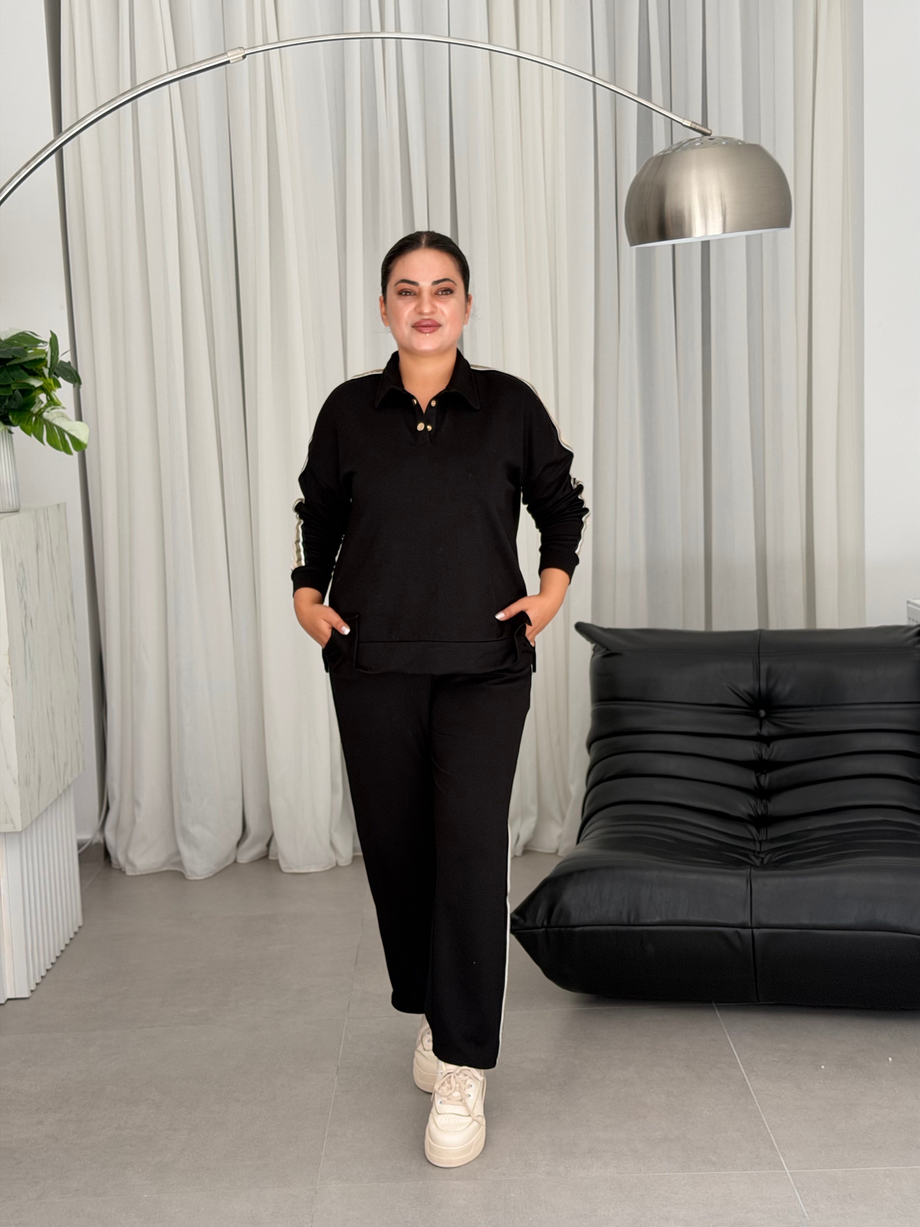 Lari Pola Yaka Çıtçıt Cep Detaylı Modal Şeritli Alt Üst İkili Takım Siyah