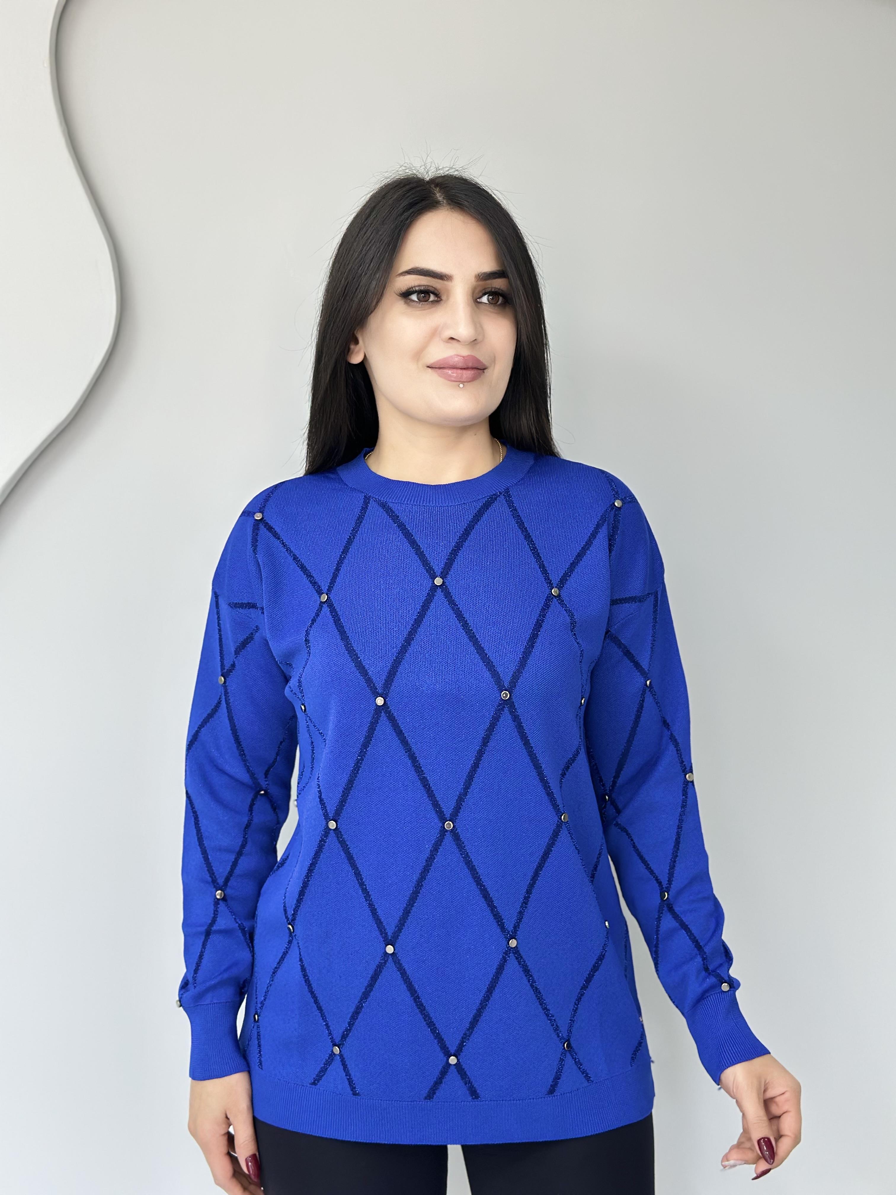 Lava Saks Mavi Baklava Desenli Taşlı Triko Bluz A067