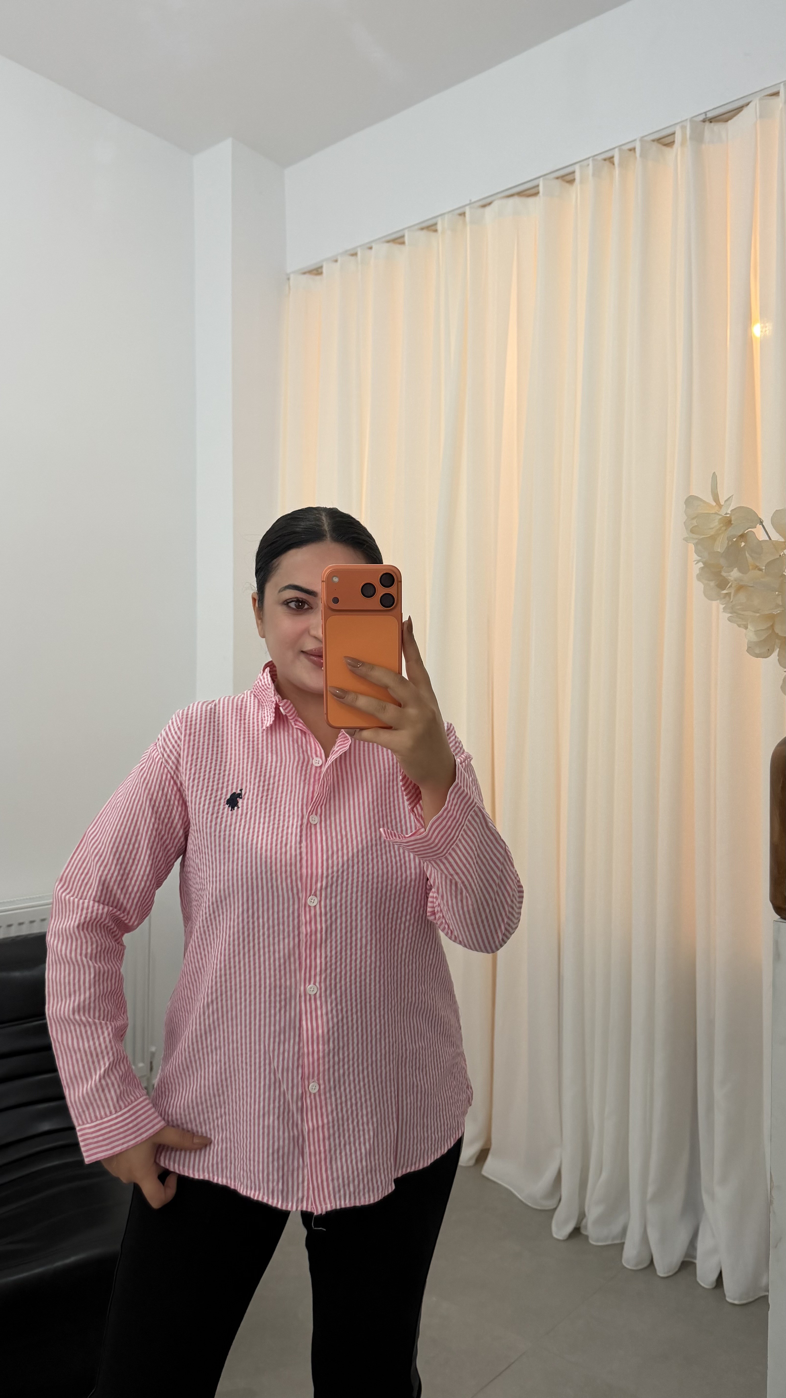 Lela Çizgili Oversize Nakışlı Pamuklu Gömlek Pembe 