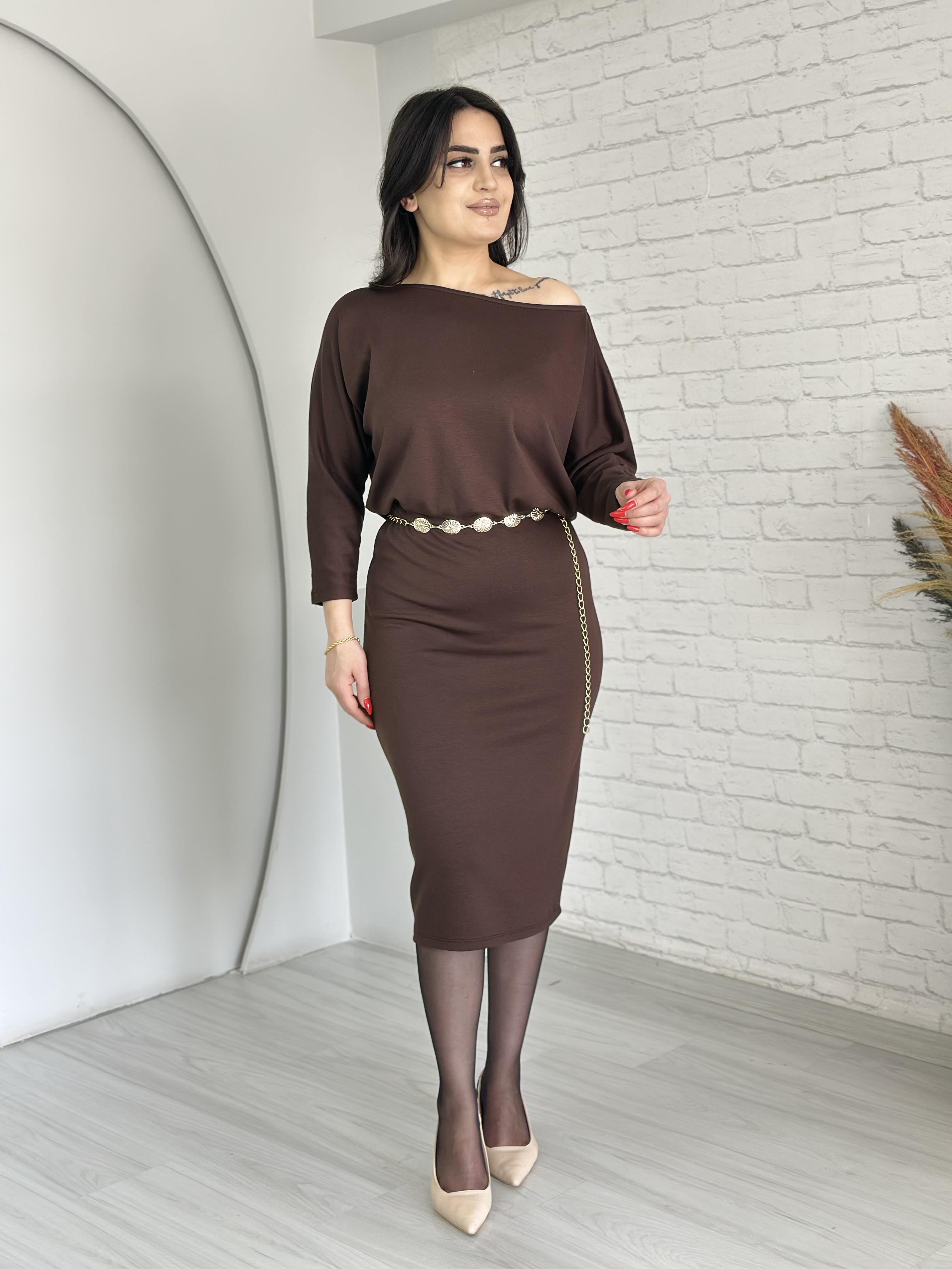 Leno Kahve Kayık Yaka Yarasa Kol Elbise D005