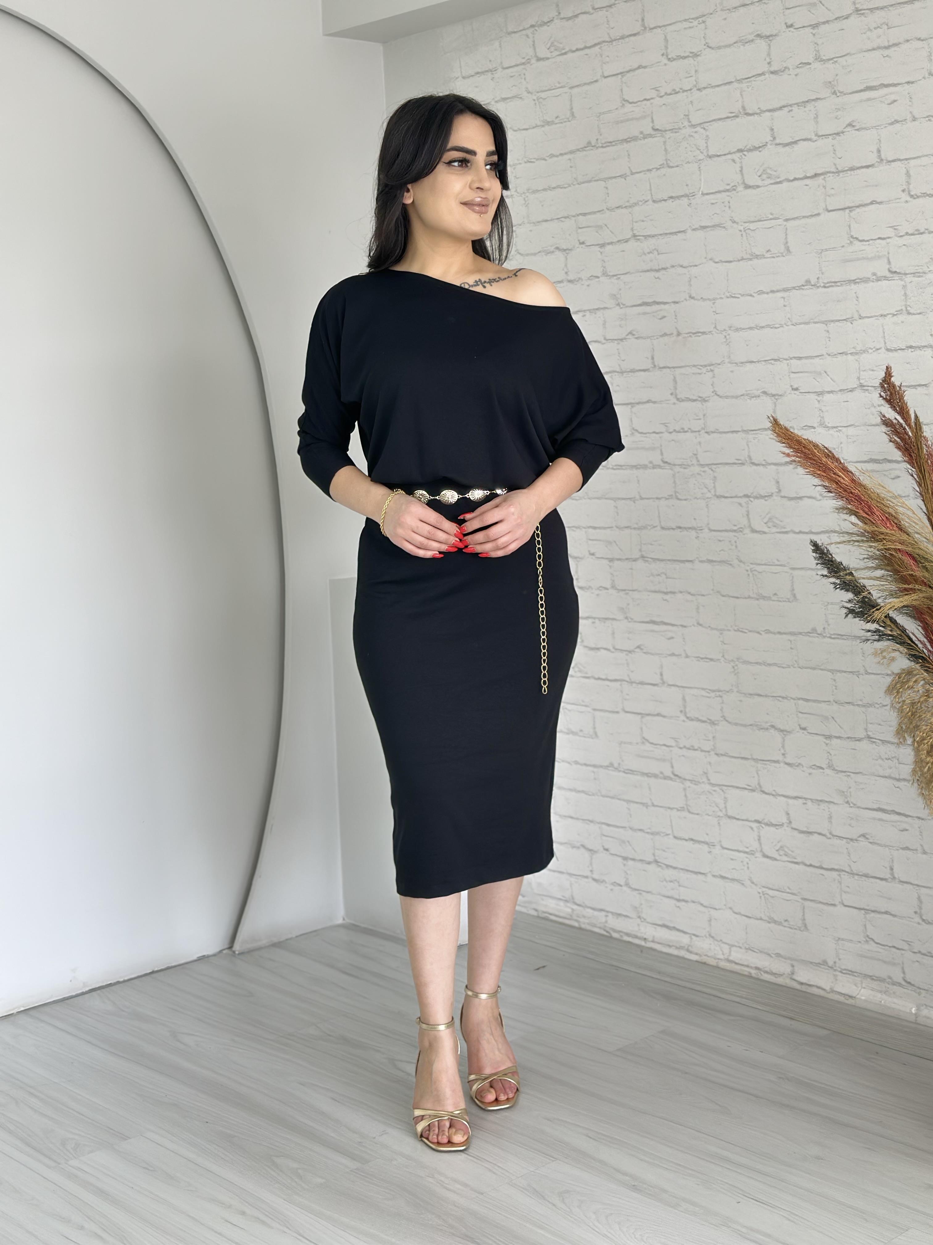 Leno Siyah Kayık Yaka Yarasa Kol Elbise D005
