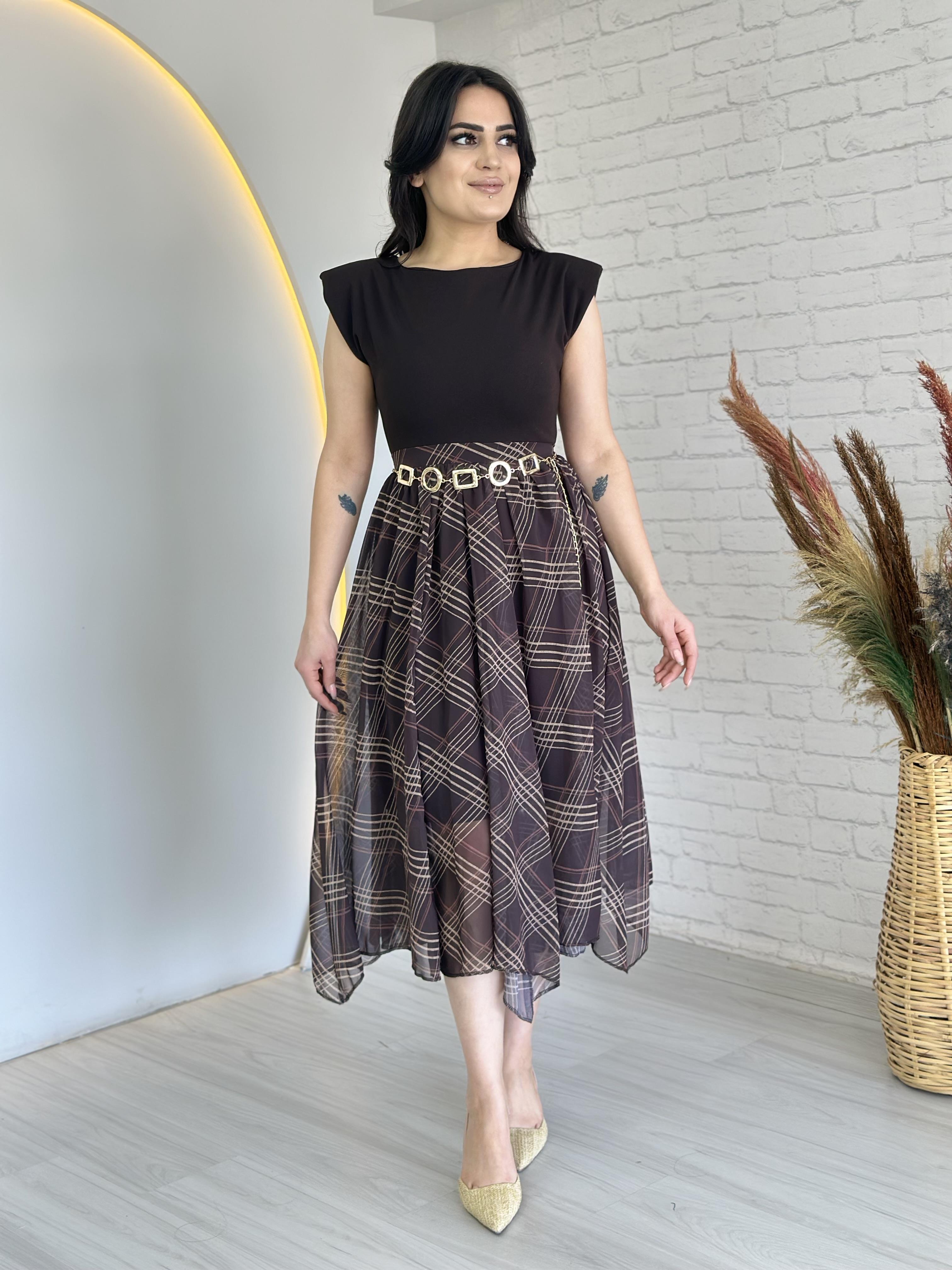 Leta Acı Kahve Desen Vatkalı Sifon Astarlı Midi Boy Kemerli Elbise D040