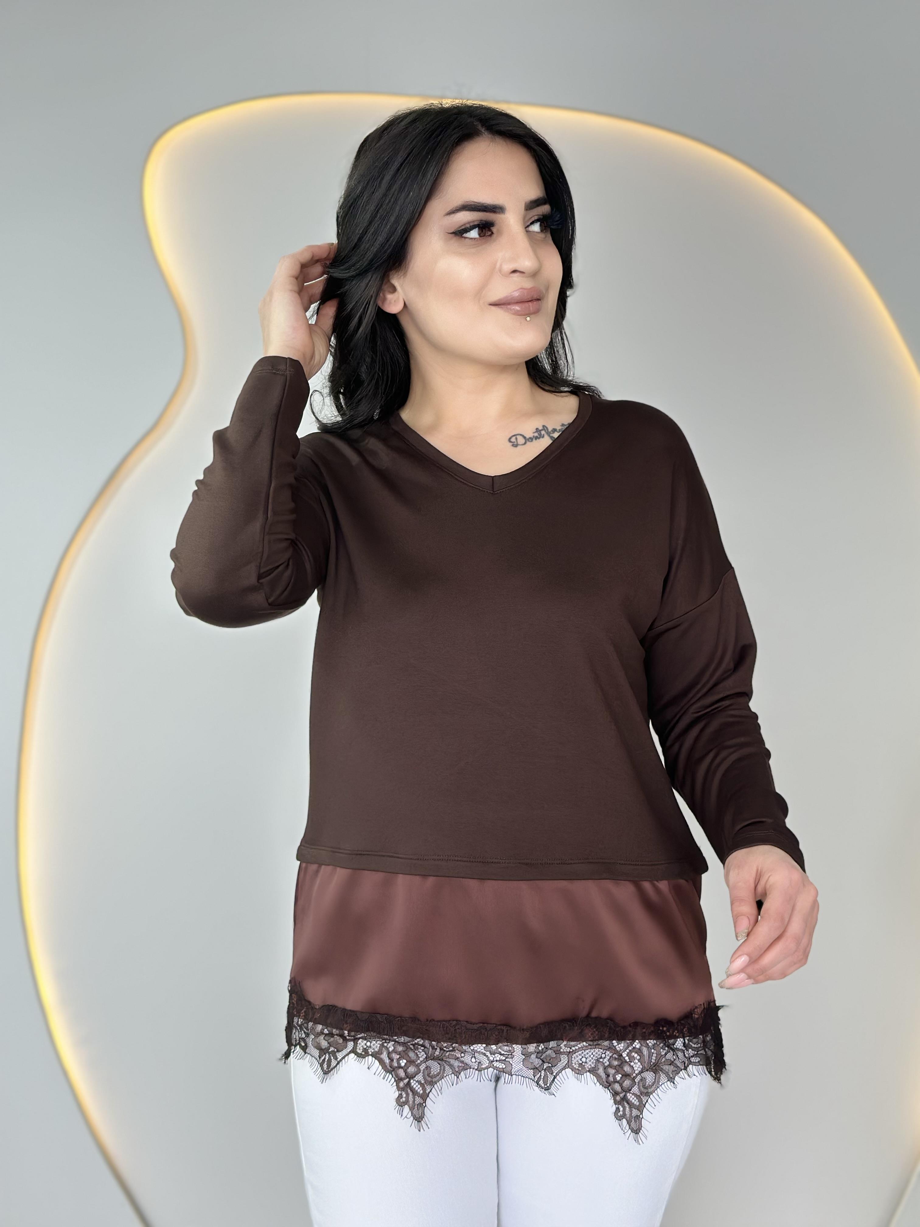 Loiba Acı Kahve V Yaka Altı Gübür Detaylı Viskon Bluz D024