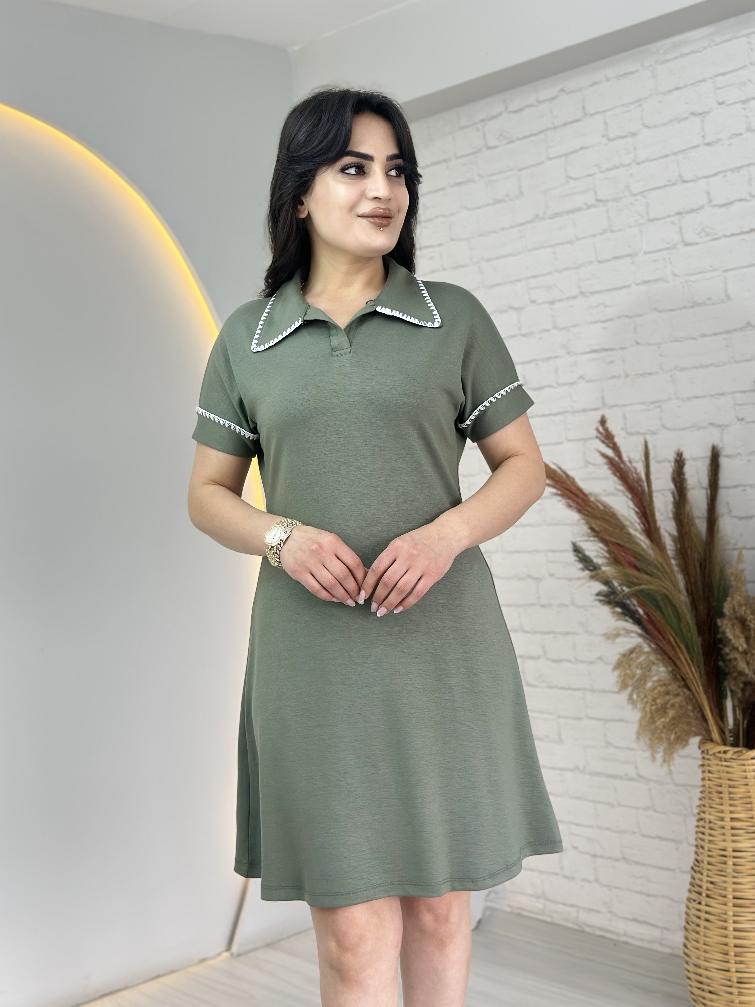 Love Mint Yeşili Polo Yaka Kroşetalı İpekli Dokuma Elbise D124
