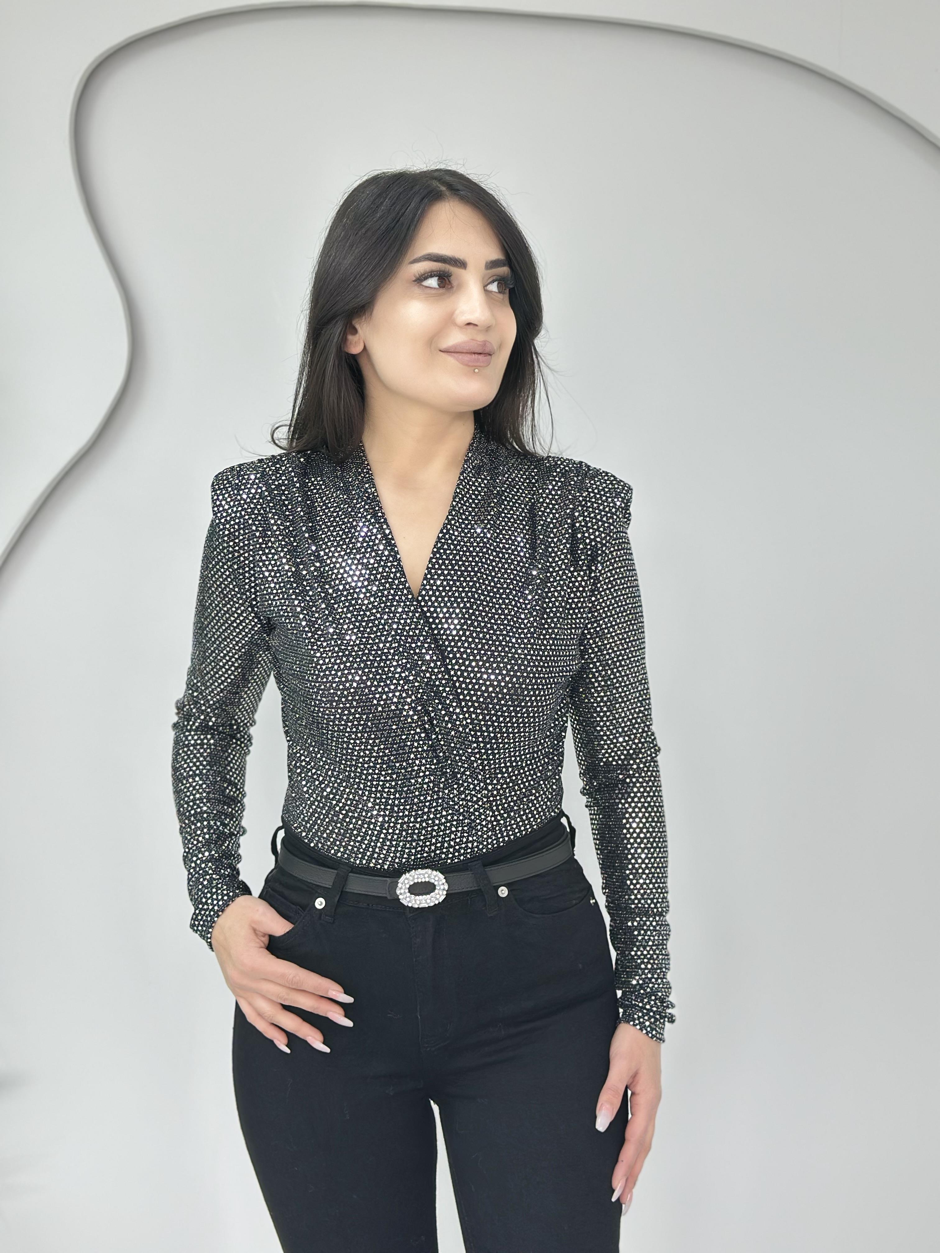 Lune Gümüş Kruvaze Yaka Vatkalı Payetli Bodysuit A555