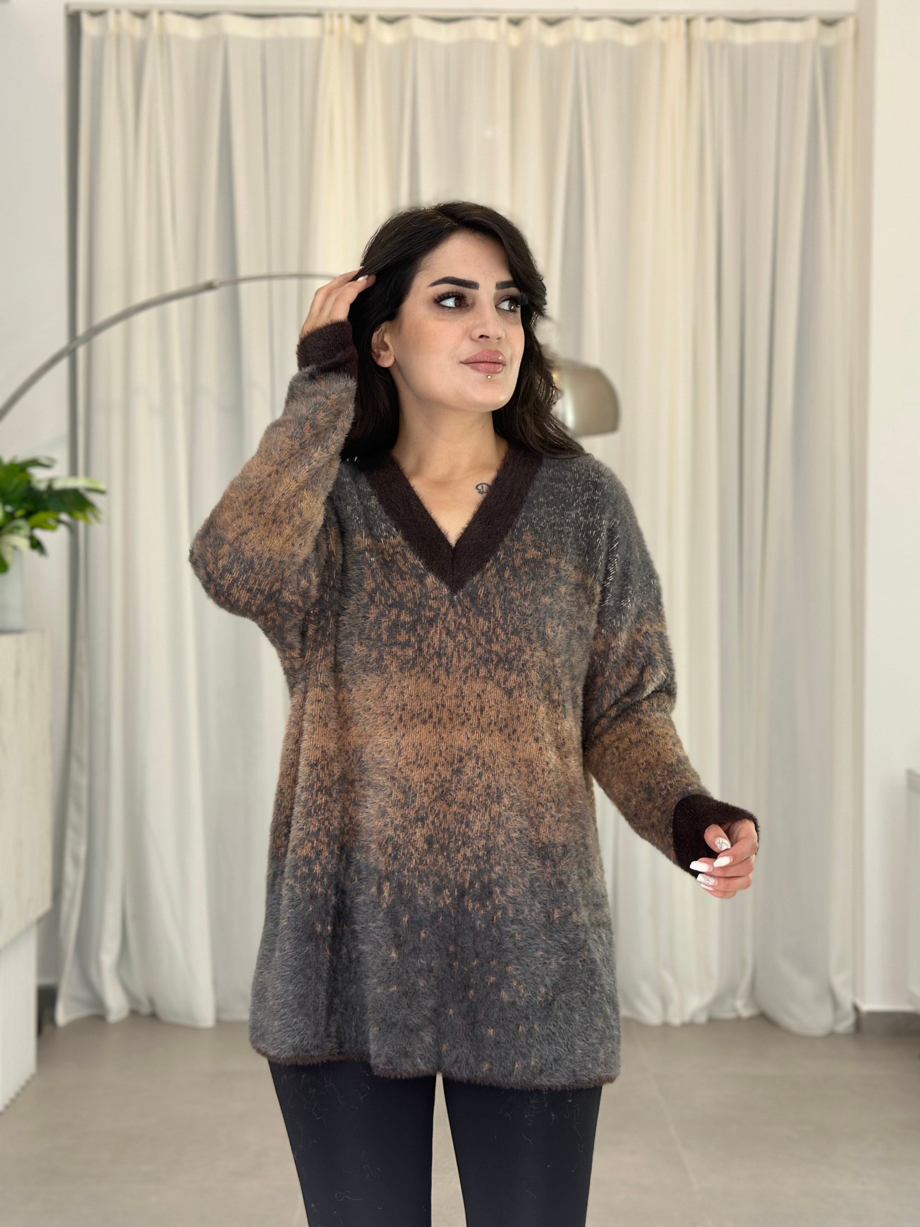 Maren V Yaka Kol Detaylı Batik Desen Yumuşak Dokulu Oversize Kazak Antrasit