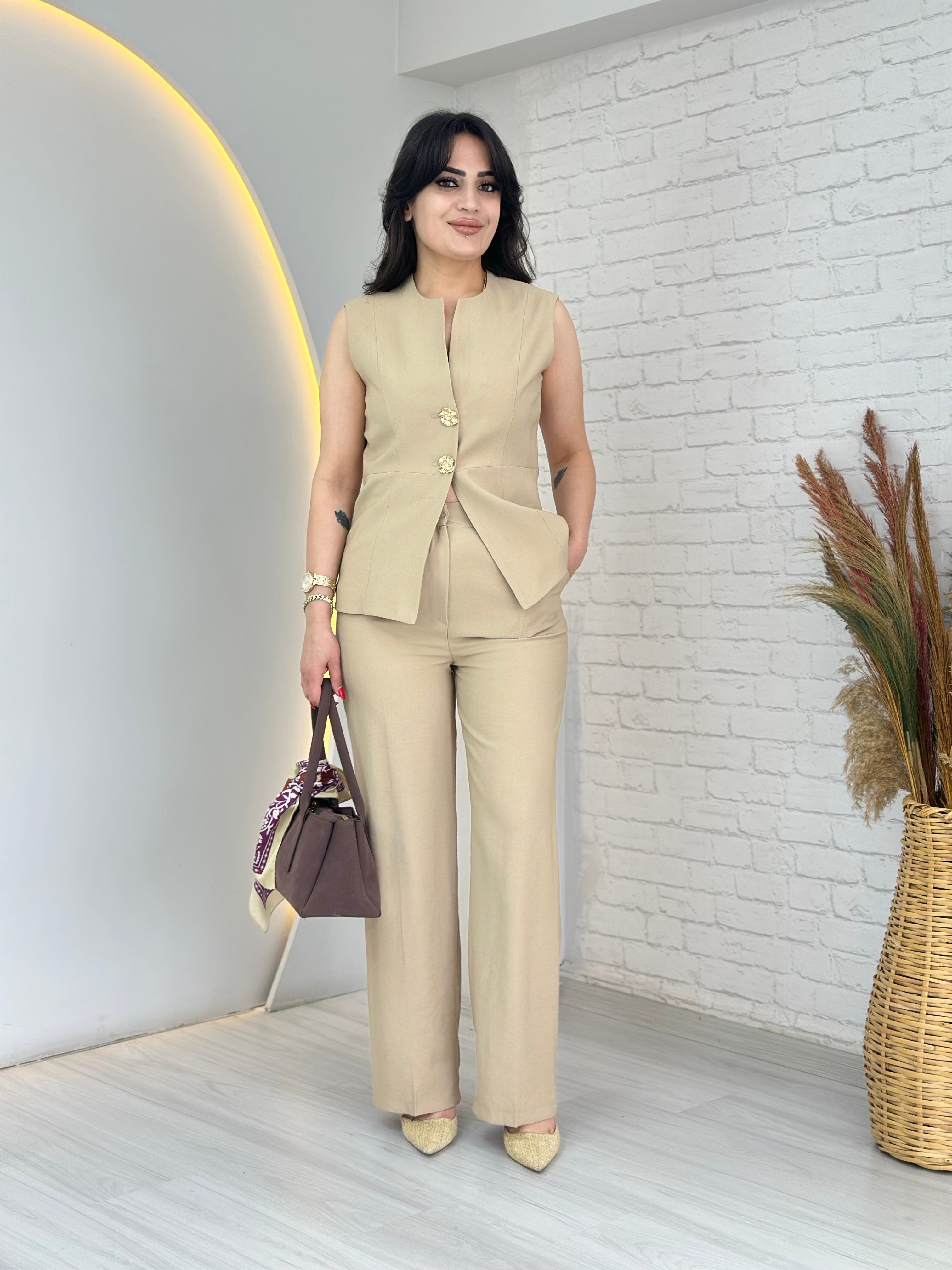 Marga Vizon Gold Çift Düğme Detaylı Yelek Pantolon İkili Takım D102