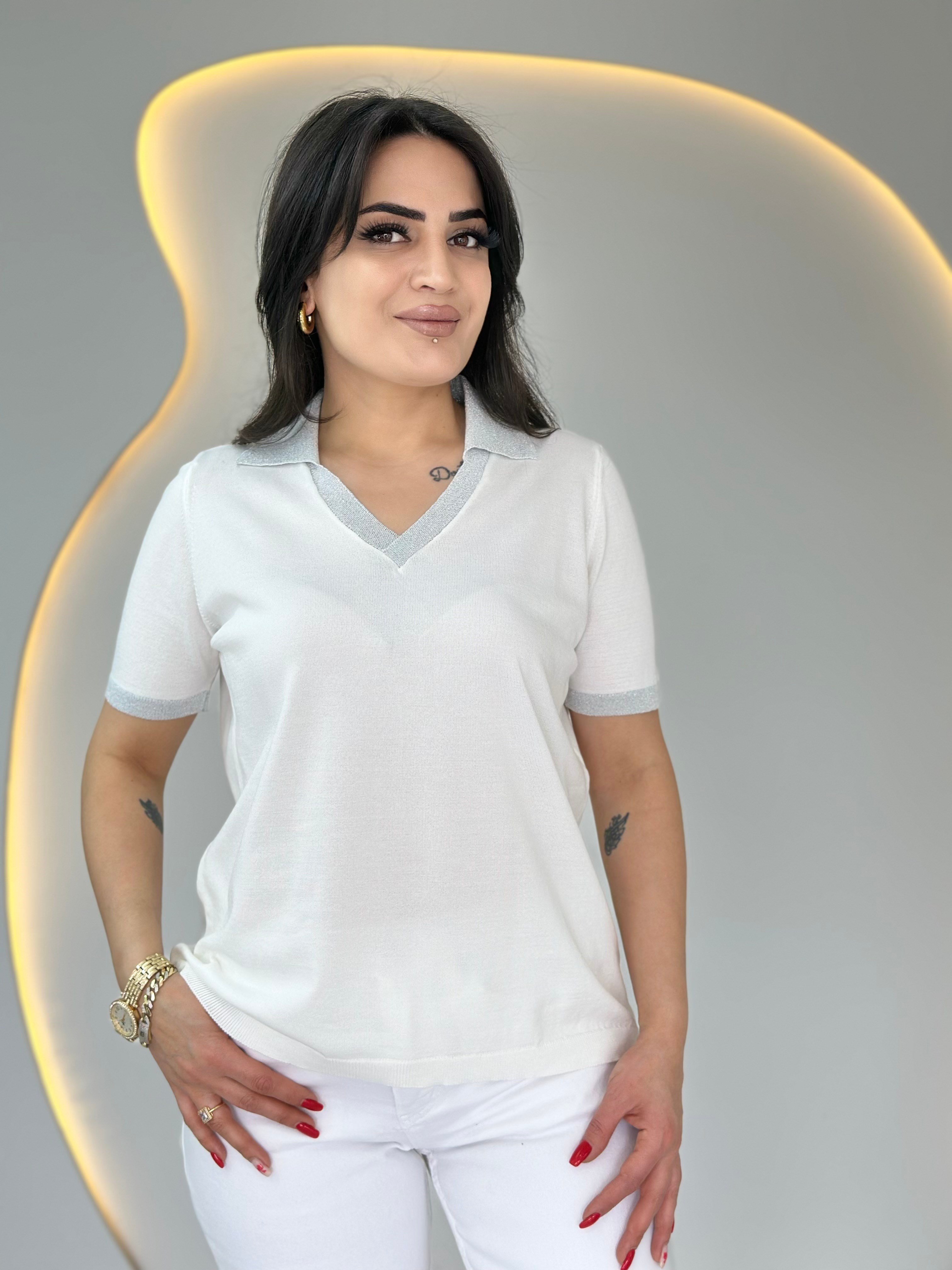 Mave Beyaz Polo Yaka Kol Sim İşlemeli Merserize Bluz D088