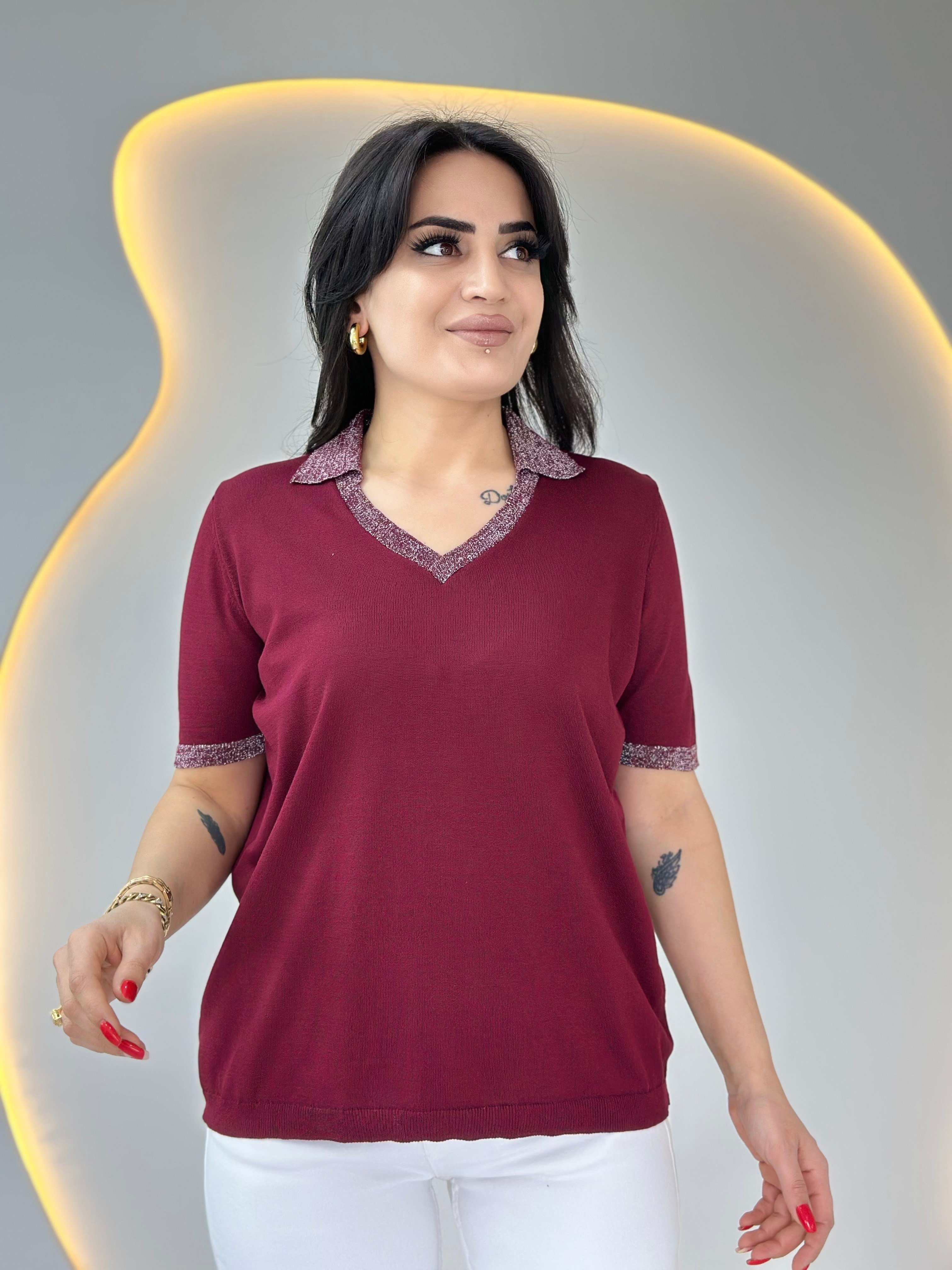 Mave Bordo Polo Yaka Kol Sim İşlemeli Merserize Bluz D088
