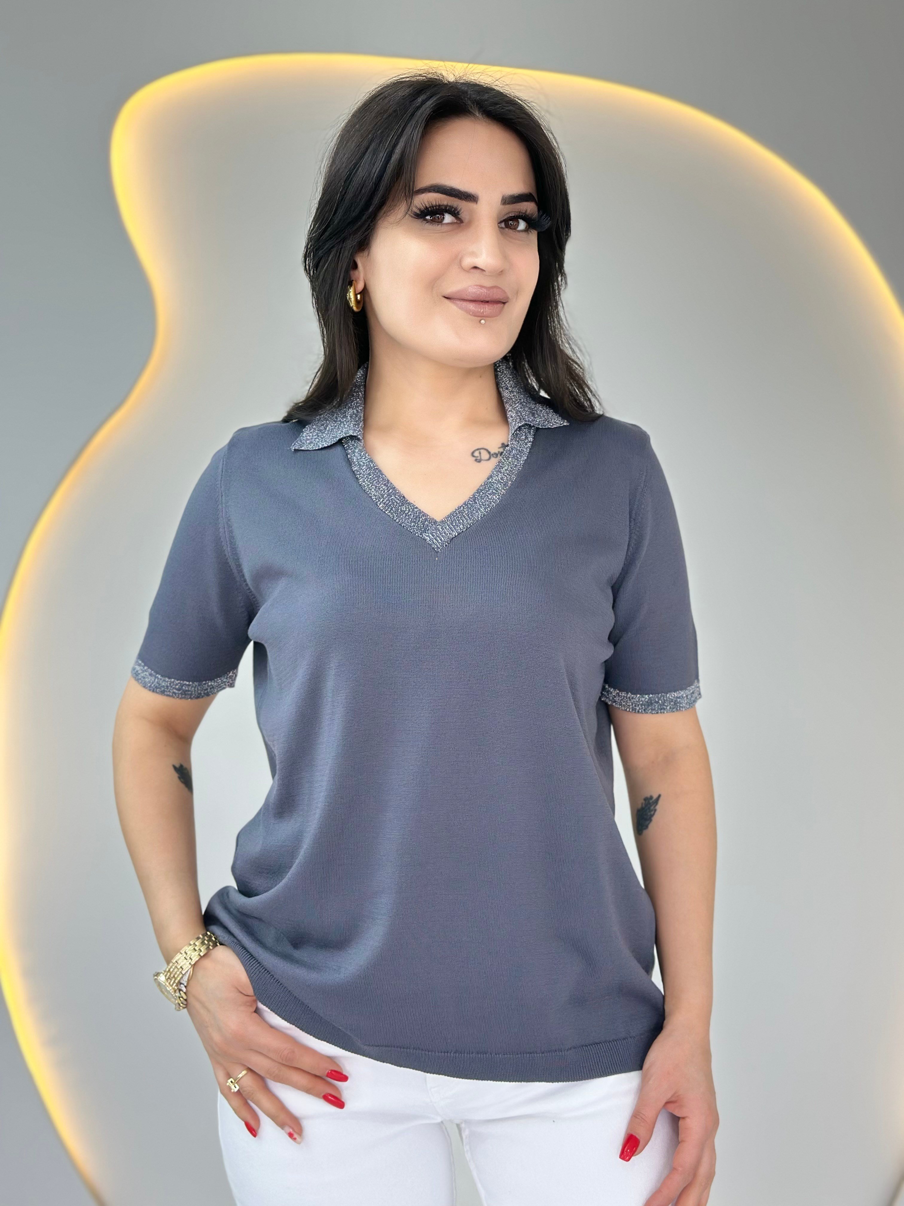 Mave Füme Polo Yaka Kol Sim İşlemeli Merserize Bluz D088