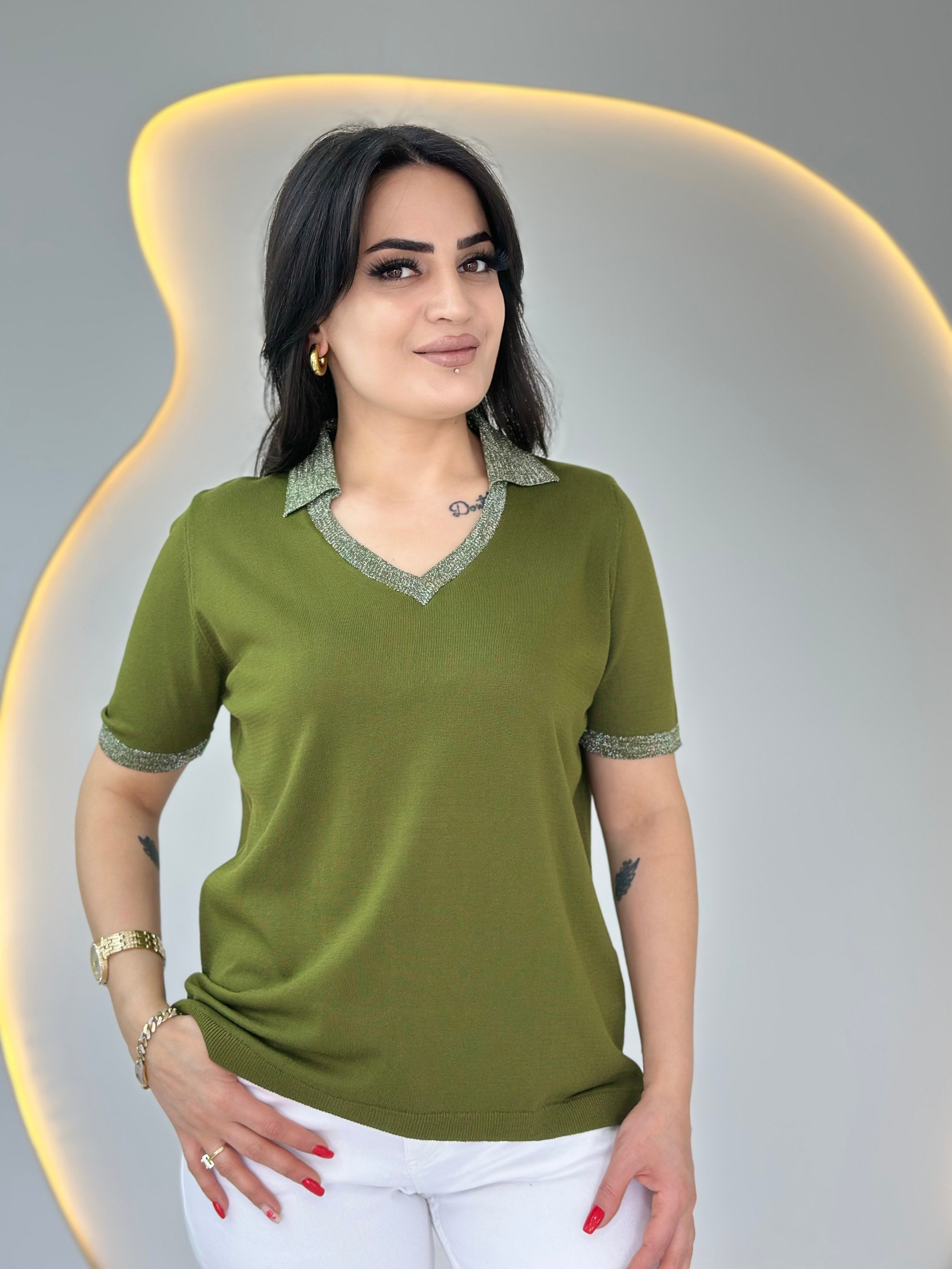 Mave Haki Polo Yaka Kol Sim İşlemeli Merserize Bluz D088