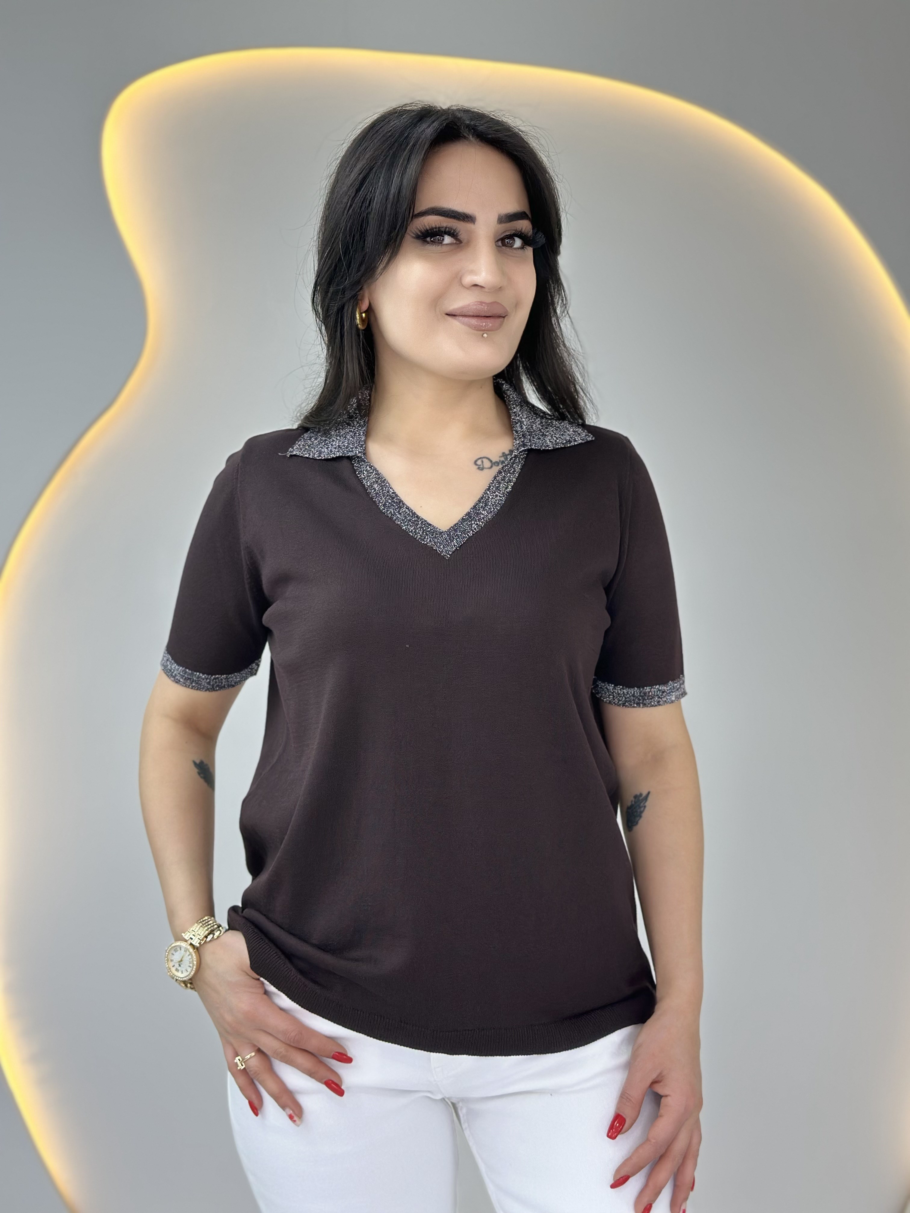 Mave Kahve Polo Yaka Kol Sim İşlemeli Merserize Bluz D088
