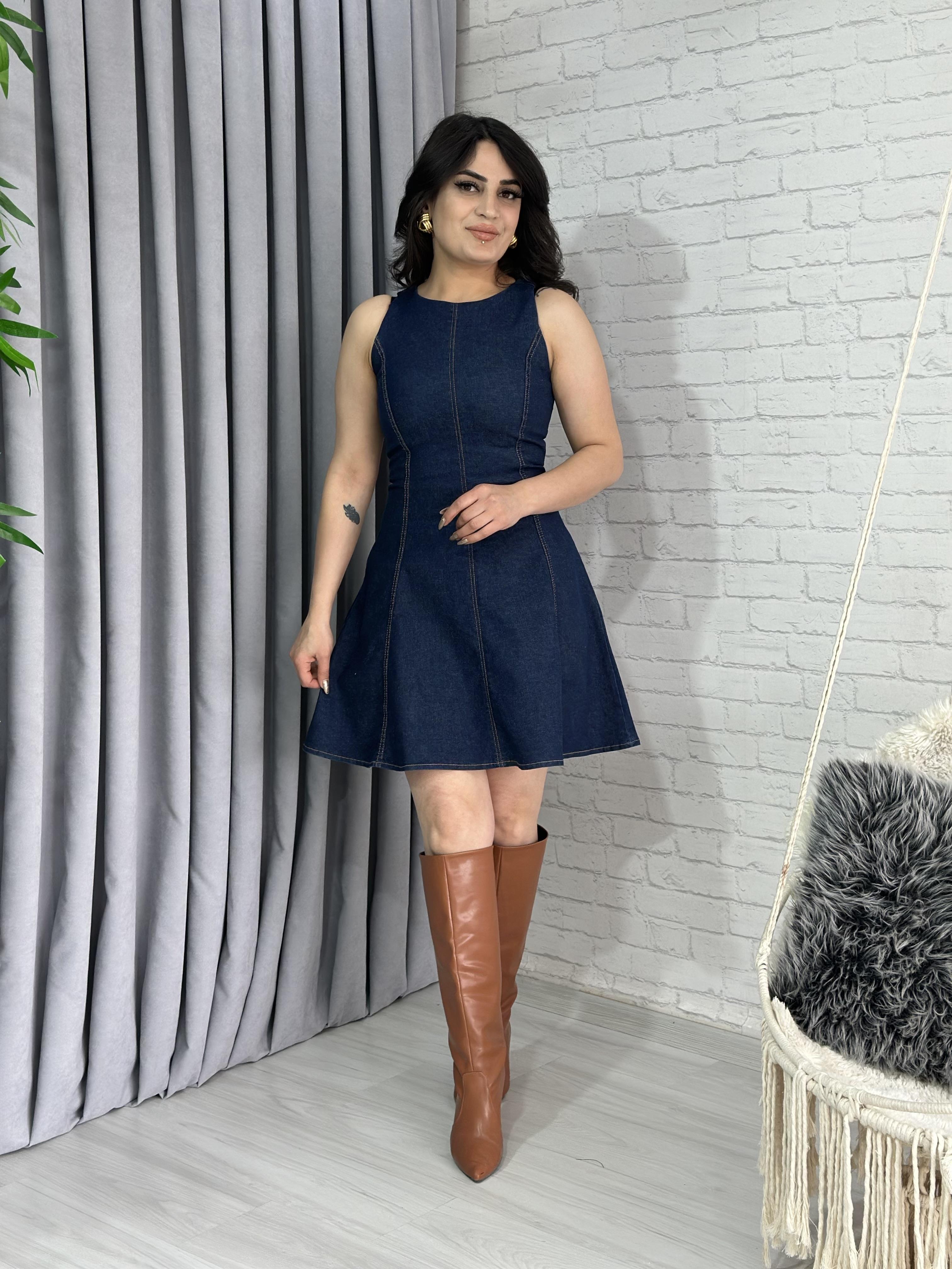 Mavi  Kolsuz Kısa Fermuarlı Denim Elbise A027