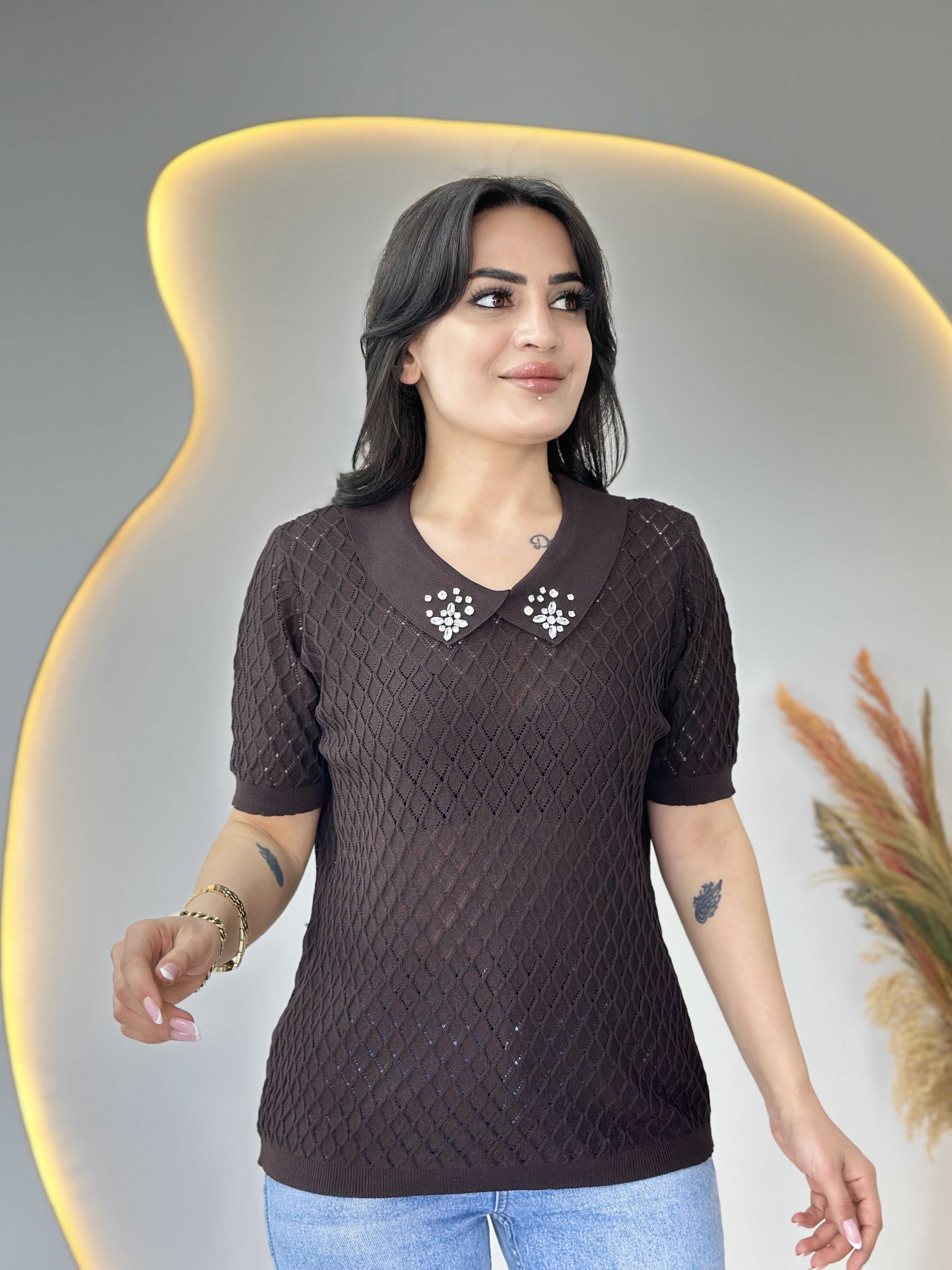 Mia Acı Kahve Bebe Yaka Taş Detaylı Ajurlu Merserize Örme Triko D112