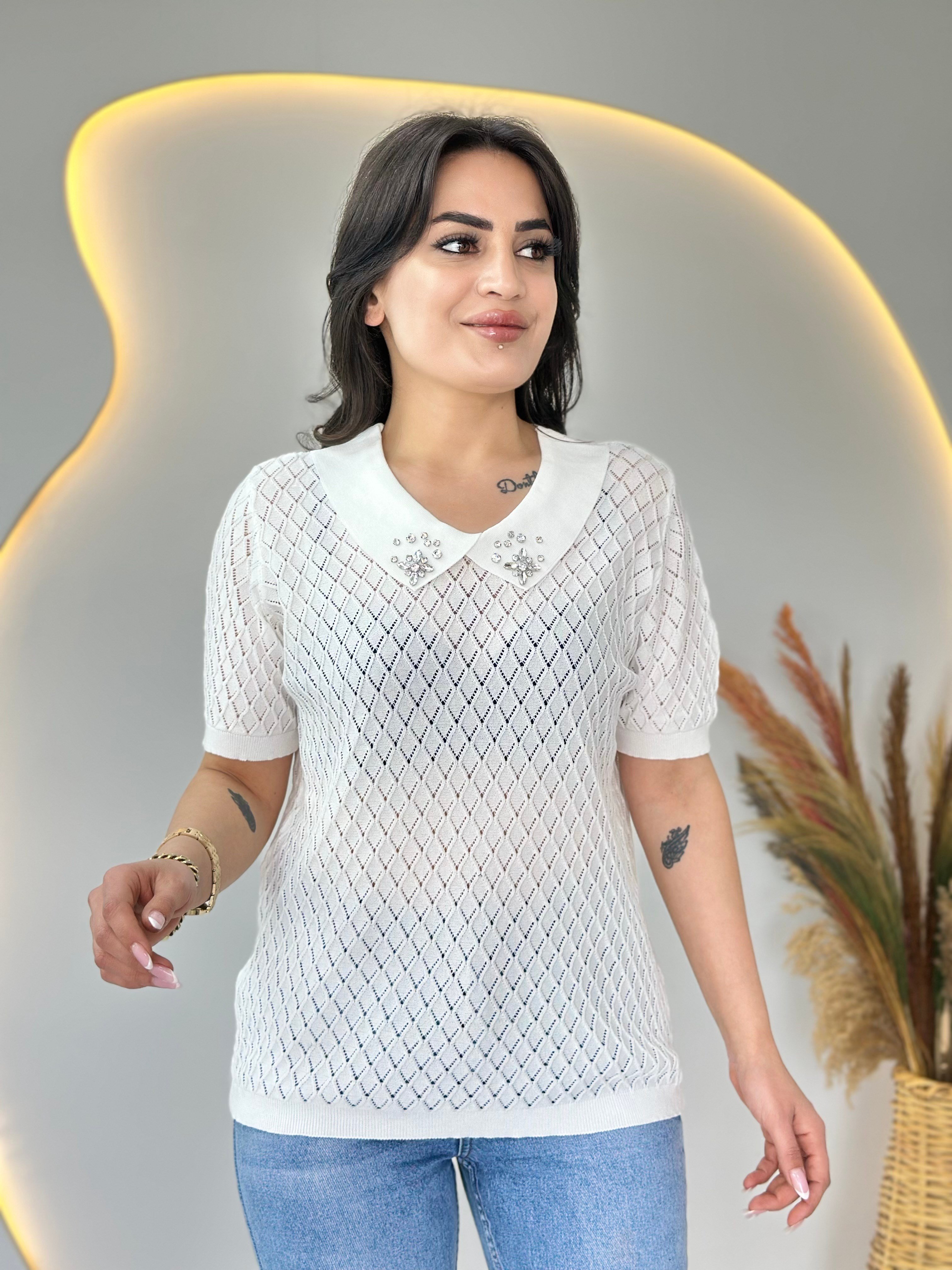 Mia Beyaz Bebe Yaka Taş Detaylı Ajurlu Merserize Örme Triko D112