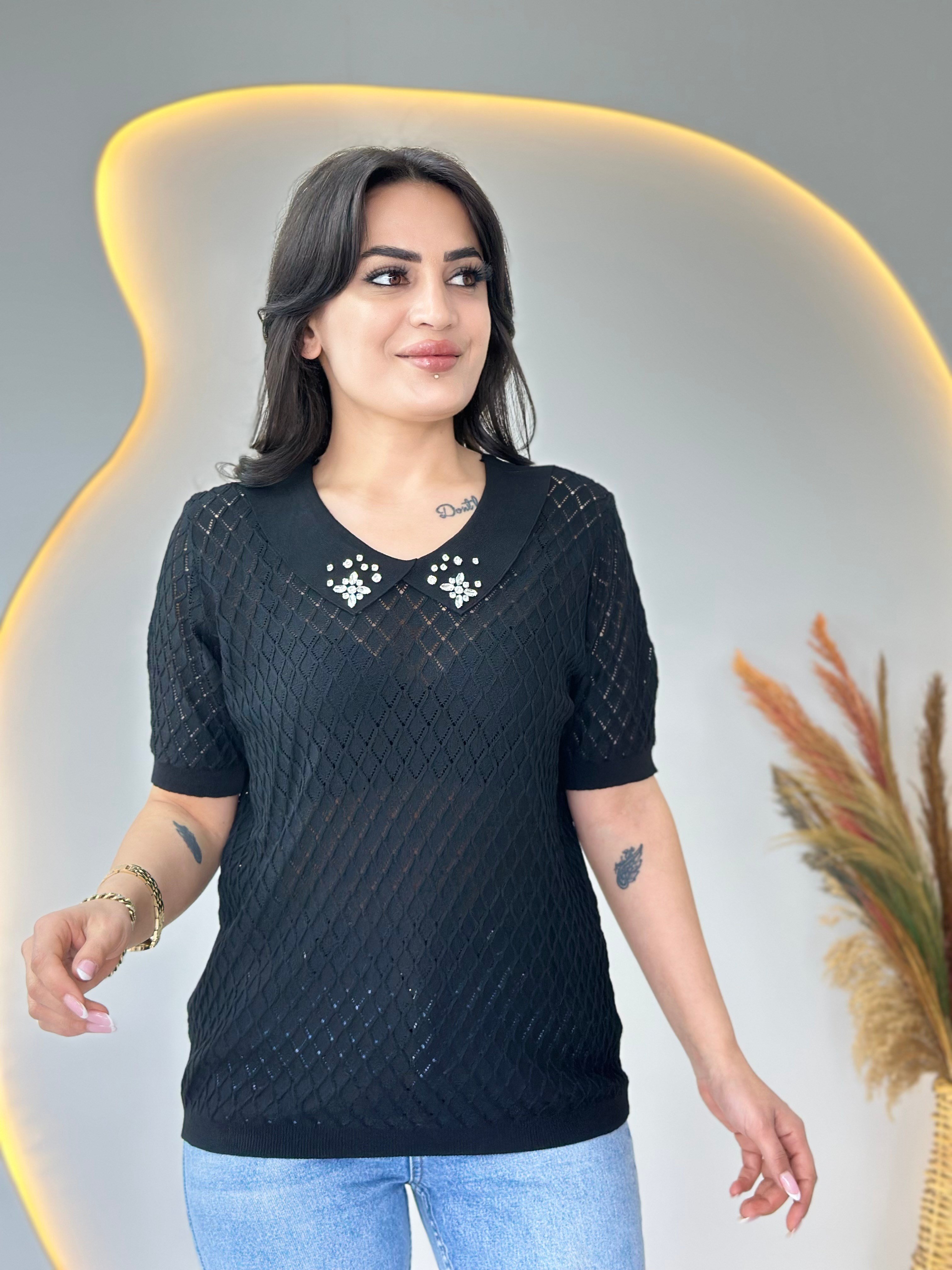 Mia Siyah Bebe Yaka Taş Detaylı Ajurlu Merserize Örme Triko D112