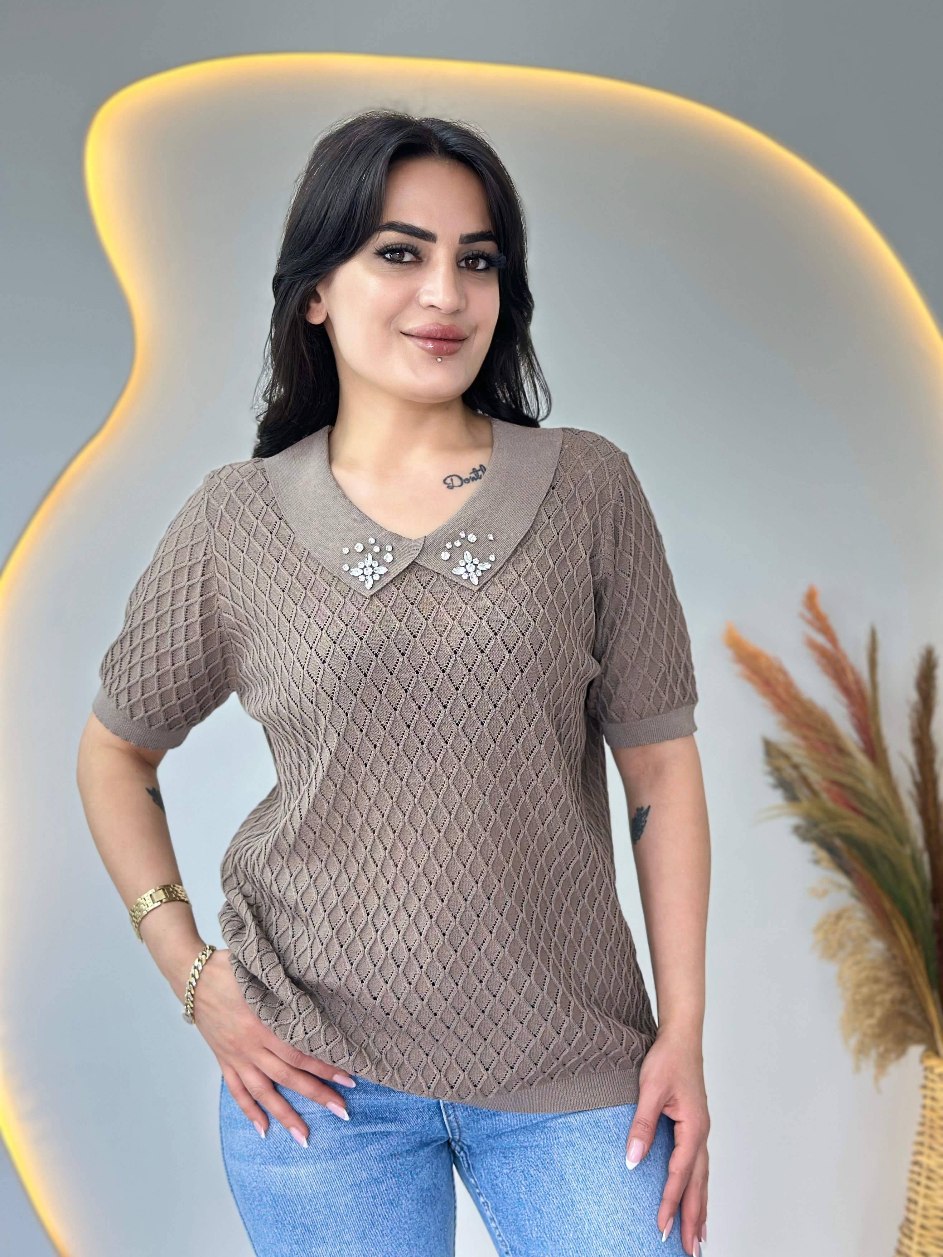 Mia Vizon Bebe Yaka Taş Detaylı Ajurlu Merserize Örme Triko D112