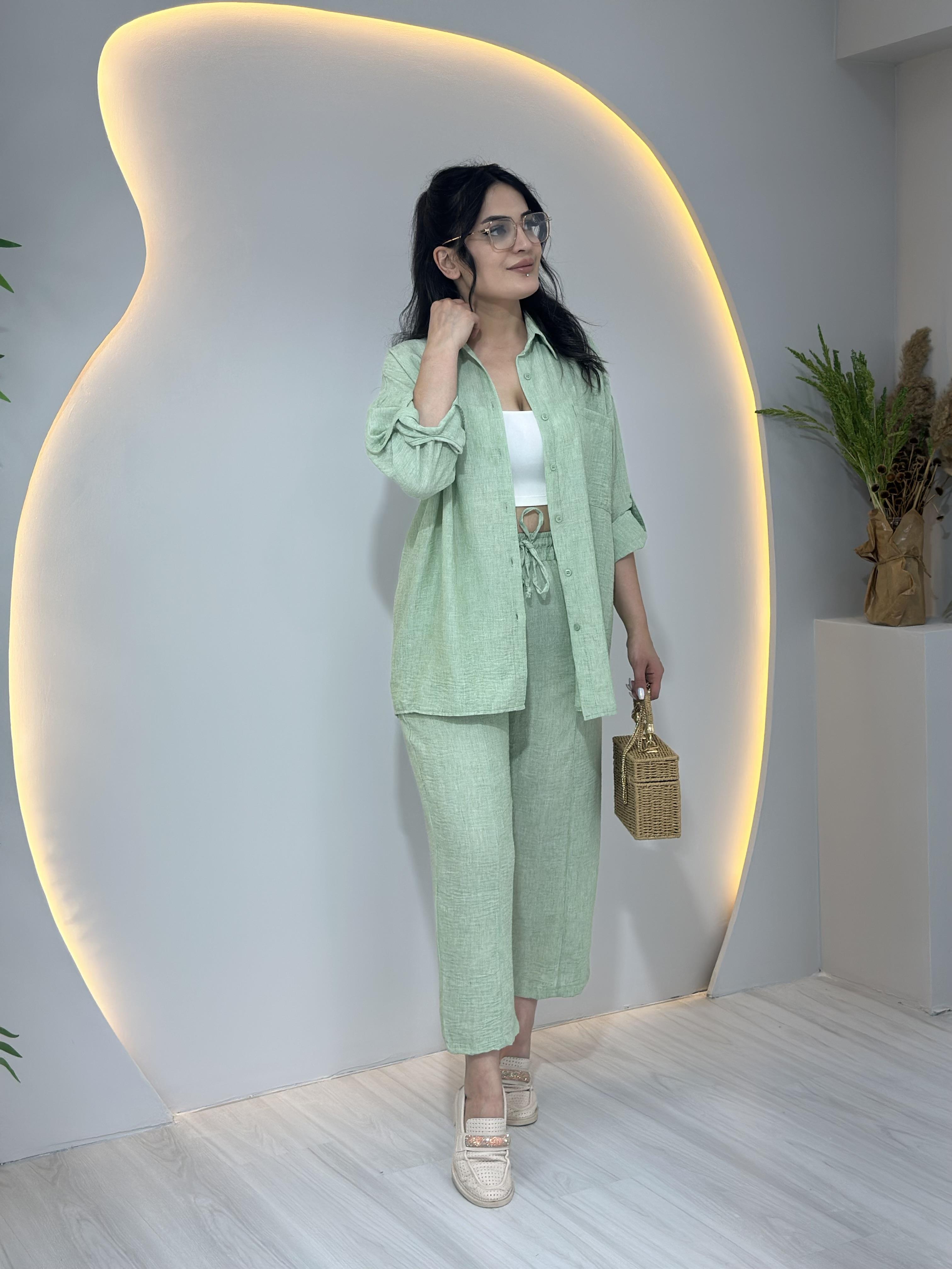 Mint Yeşili Keten Gömlek Pantolon 2'Li Takım A023
