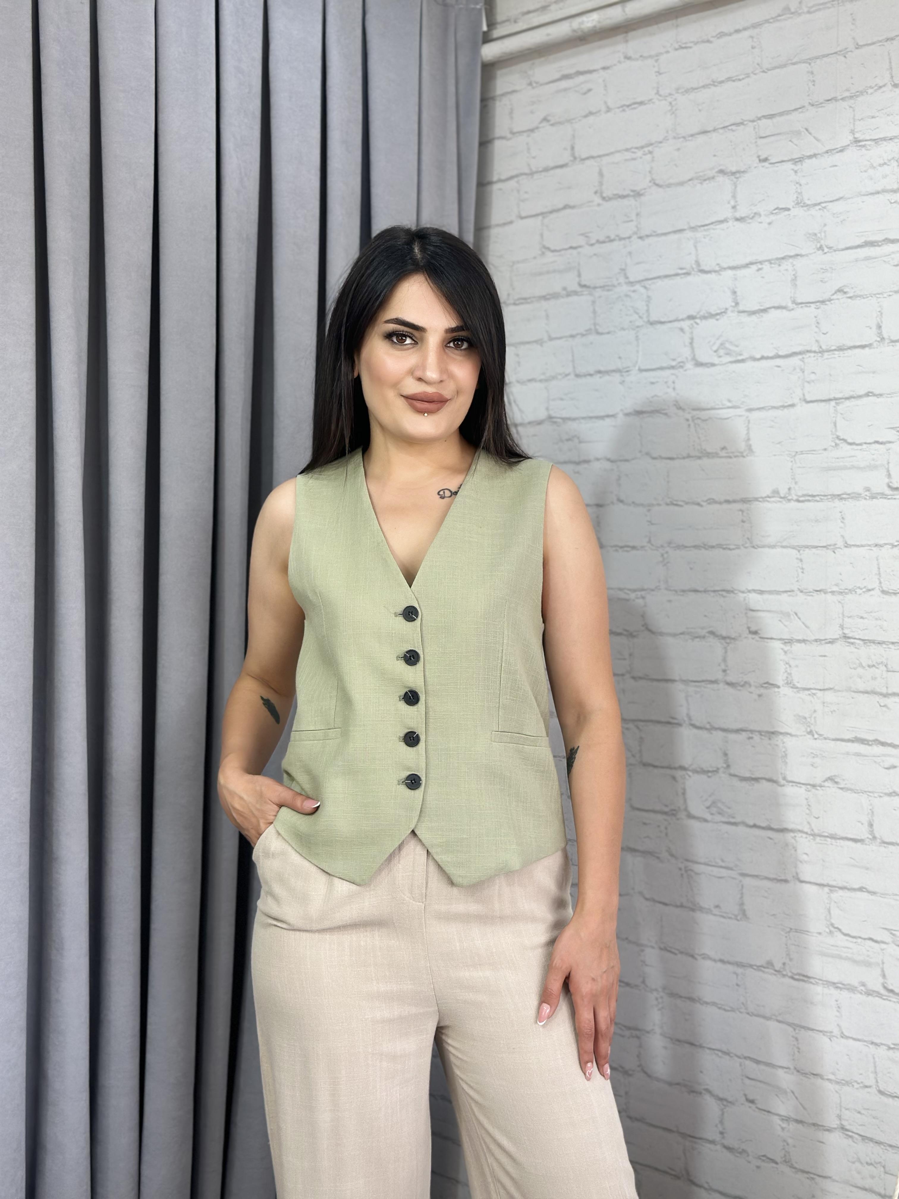 Mint Yeşili Keten Kumaş Düğmeli Cepken Yelek 