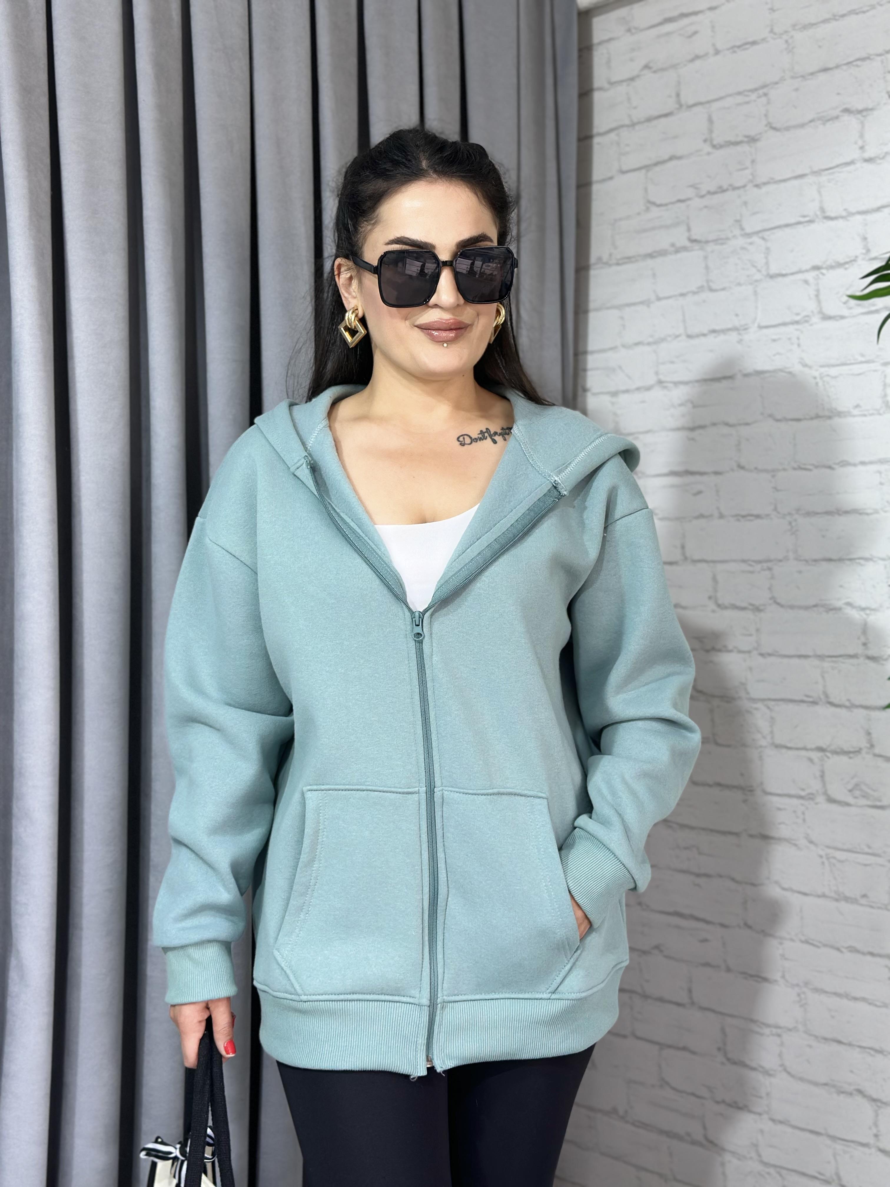 Mint Yeşili Oversize Üç İplik Fermuarlı Kapşonlu Sweatshirt