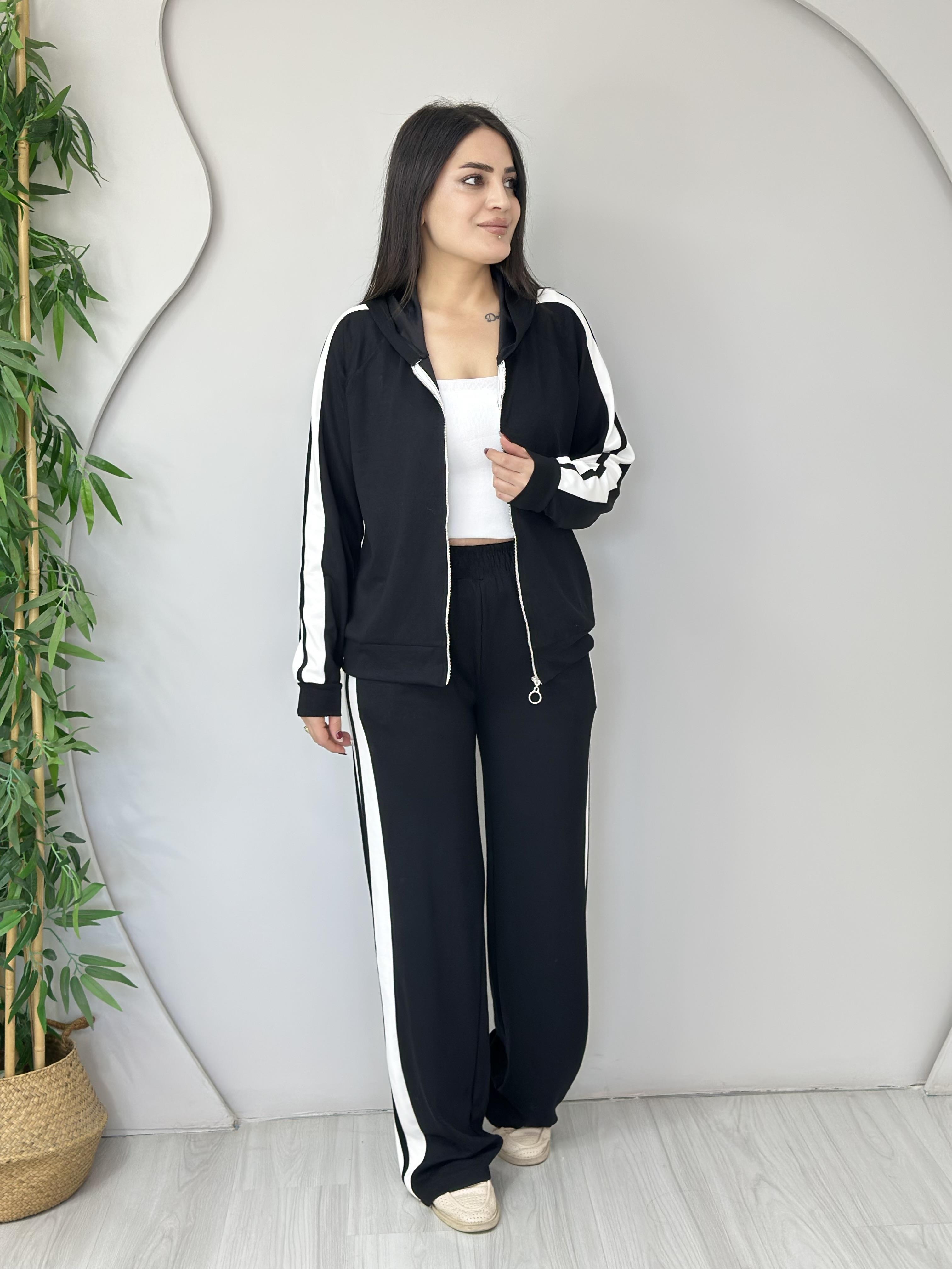 Mira Siyah Çizgili Modal Kapüşonlu İkili Fermuarlı Takım A634